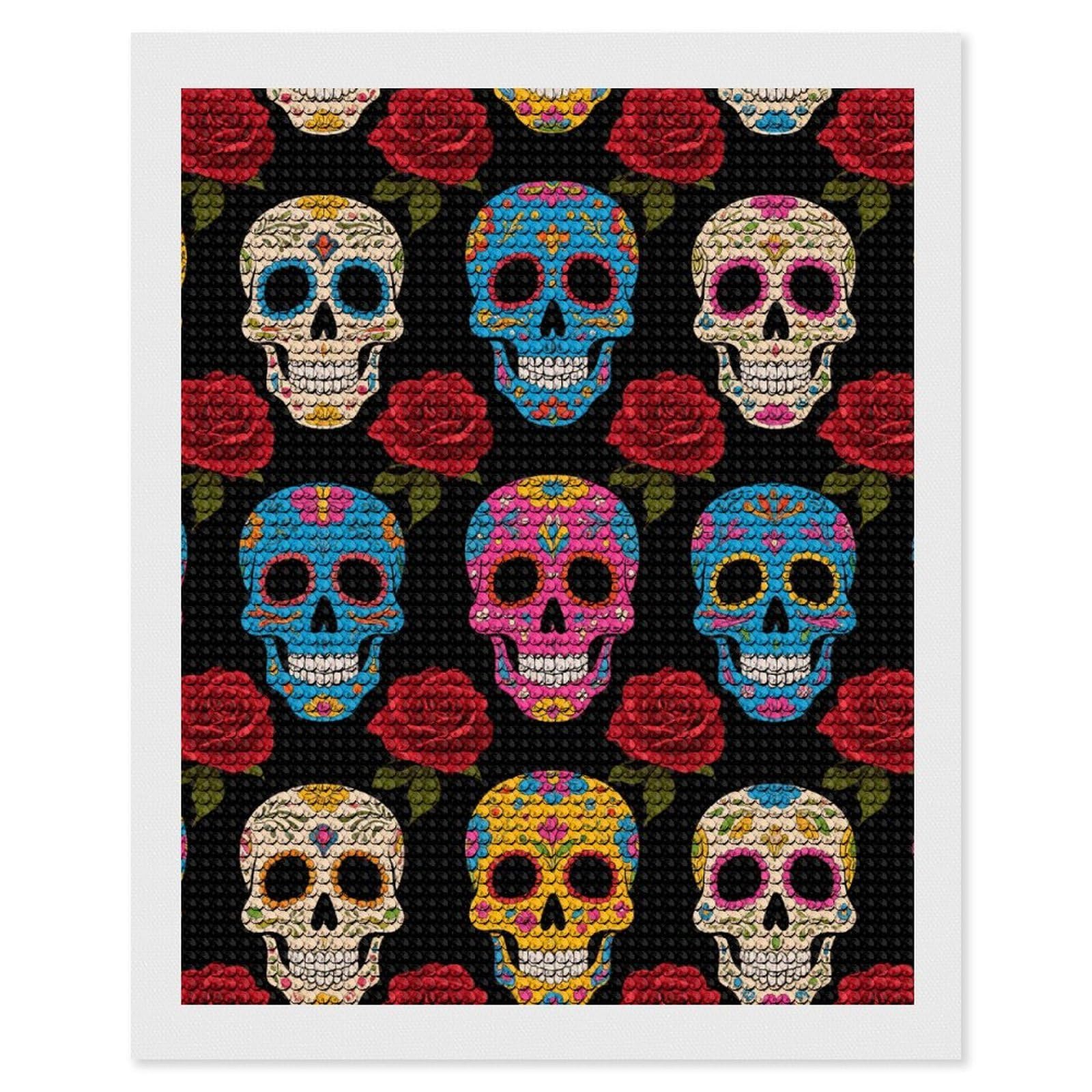 FodPand Sugar Skulls 5D Diamond Painting Kits for Adults Beginners Full Drill Round Diamond Dots Pictures Gem Art Supplies for Home Wall Room Decoration DIY Craft Set Gift 16x20