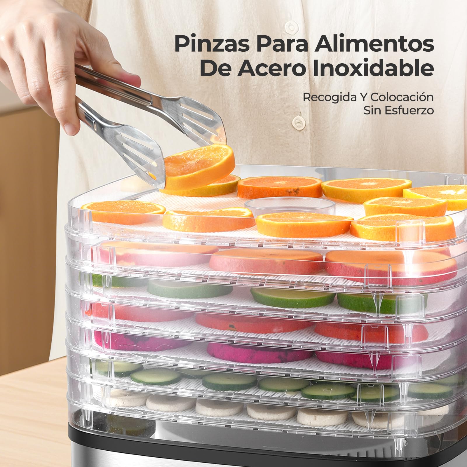YASHE Deshidratador de Alimentos 8 Bandejas, Tiempo y Temperatura Ajustables 72H, Incluye Rejillas de Malla, Bandeja de Fruta y Pinzas de Acero Inoxidable para Jerky, Frutas, Verduras, Carne, Sin BPA