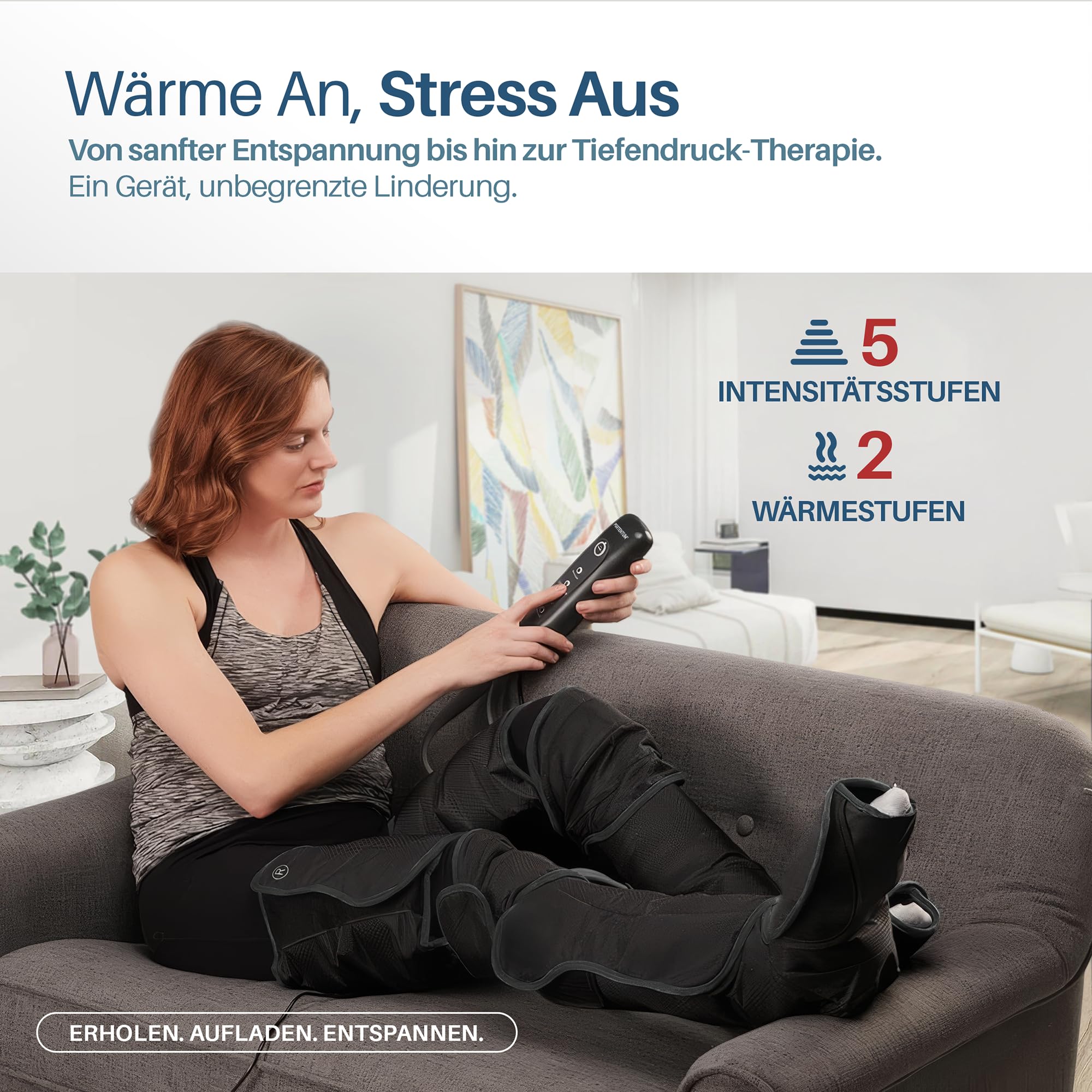 PORTENTUM Lymphdrainage gerät – Bein Massagegerät mit einstellbarer Wärme – 5 Kompressionsstufen – Fernbedienung – lindert müde Beine und fördert die Durchblutung – Transporttasche inklusive