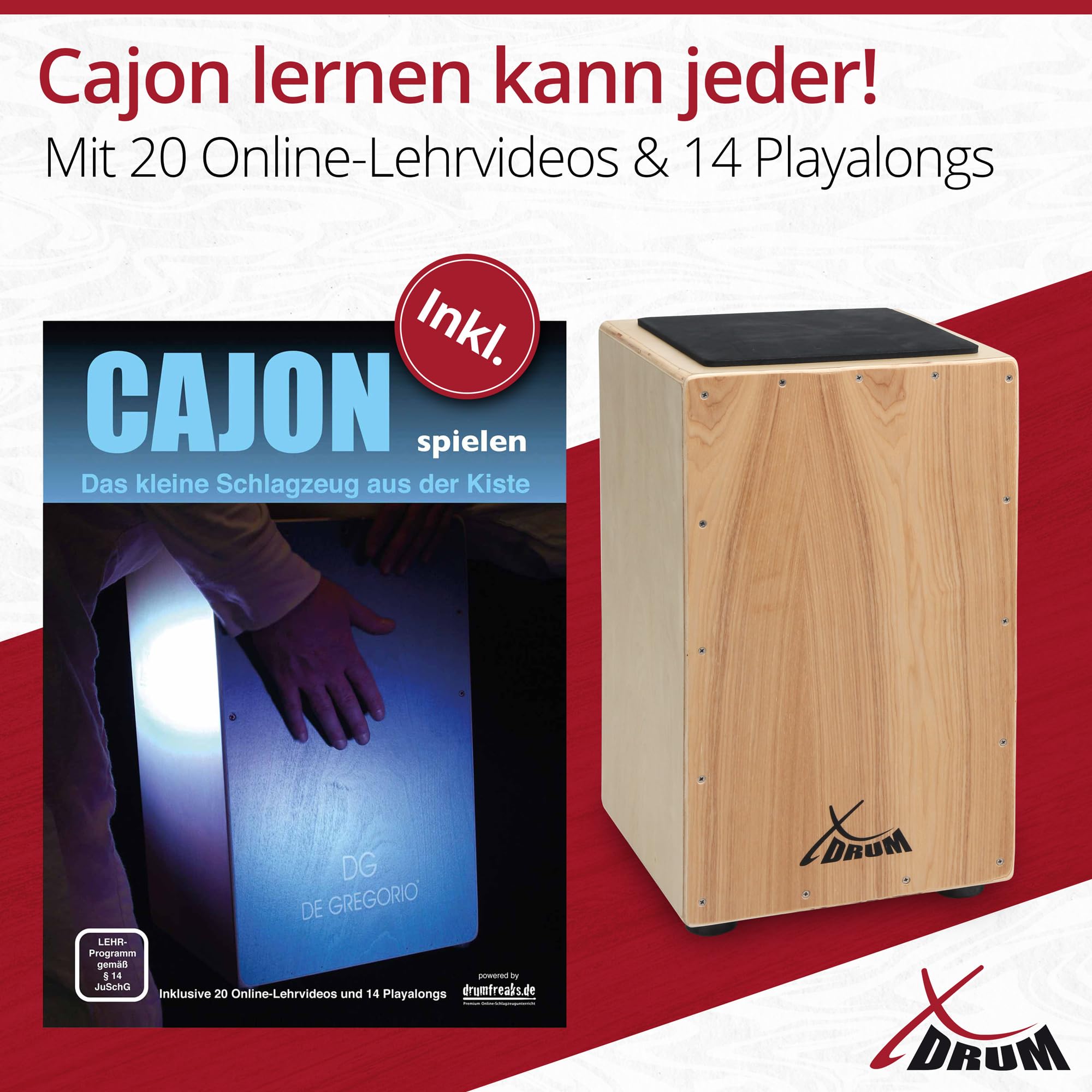 XDrum Cajon Primero Natur incl. escuela de cajón y bolsa, Cuerpo: tilo | Superficie de golpe: tilo, Frontal atornillado, Construcción afro-peruana, Orificio de sonido en la parte trasera, Peso: 3