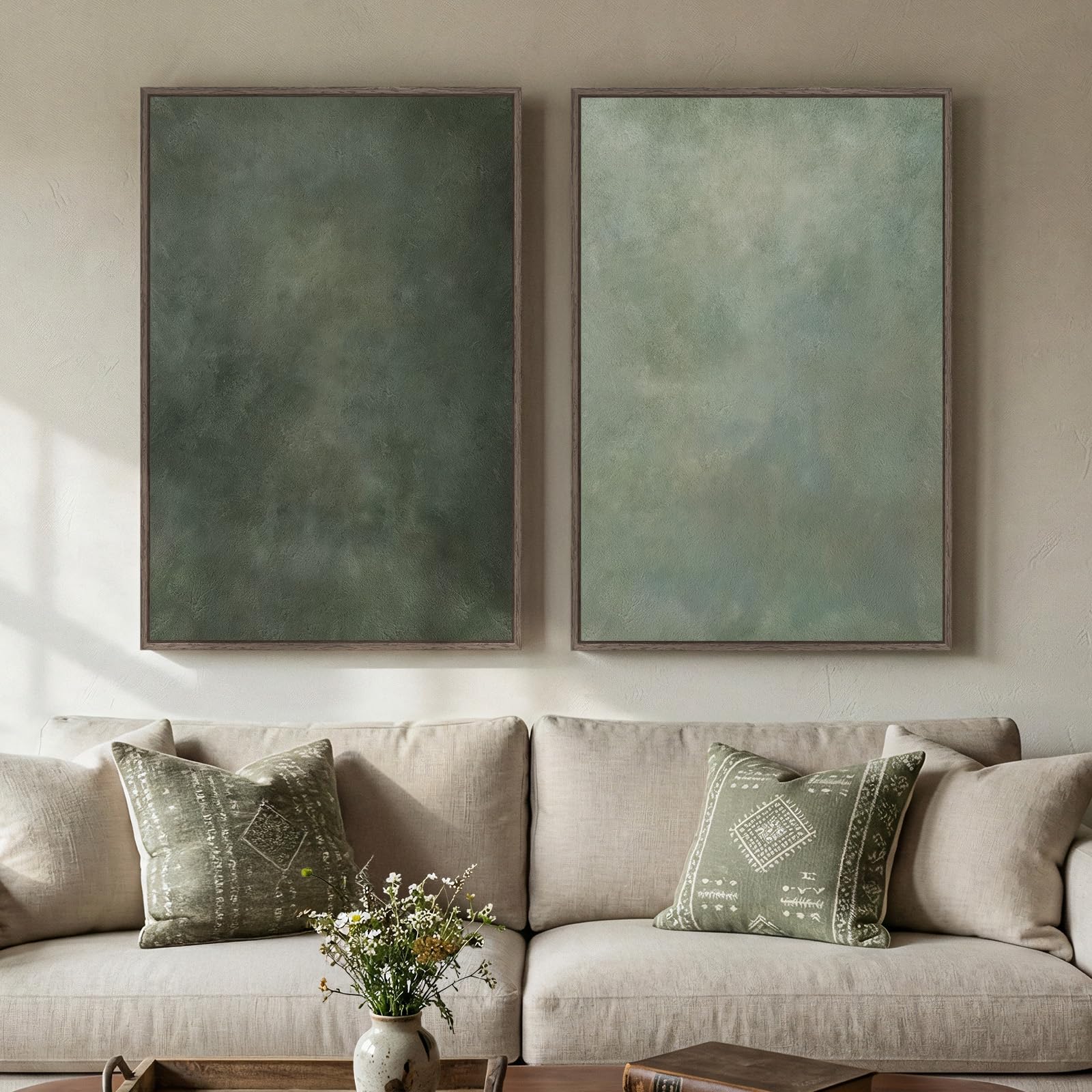 Sage Green Abstract Framed Canvas Pair