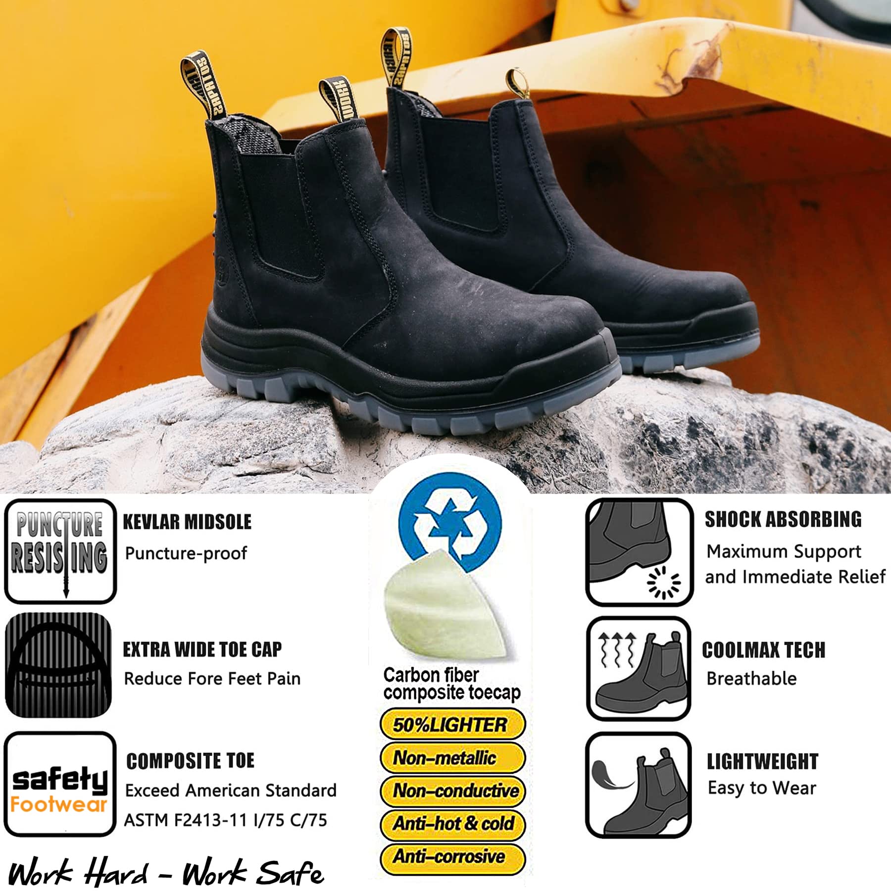 HANDMEN Work Boots for Men, Composite Toe Waterproof Working Boots, Slip Resistant Anti-Static Slip-on Safety Working Shoes 8 9 10 11 12 13 (81N04/EE/EE, 12)