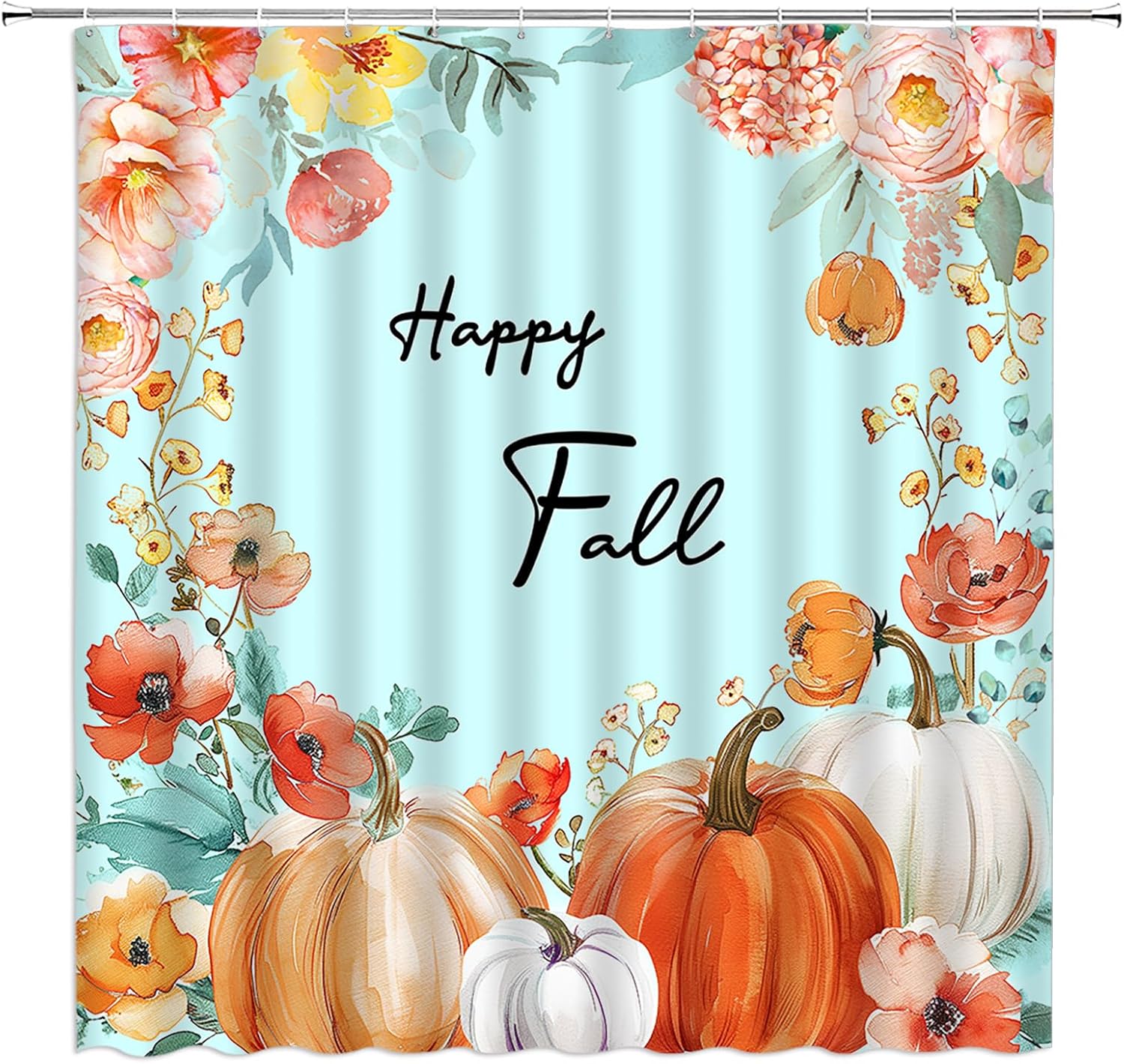 Happy Fall Shower Curtain Autumn Pumpkin Watercolor Flower Leaf Boho Thanksgiving Harvest Seaeon Modern Farmhouse Bathroom Curtain Fabric with Hooks(84" Wx70 H)