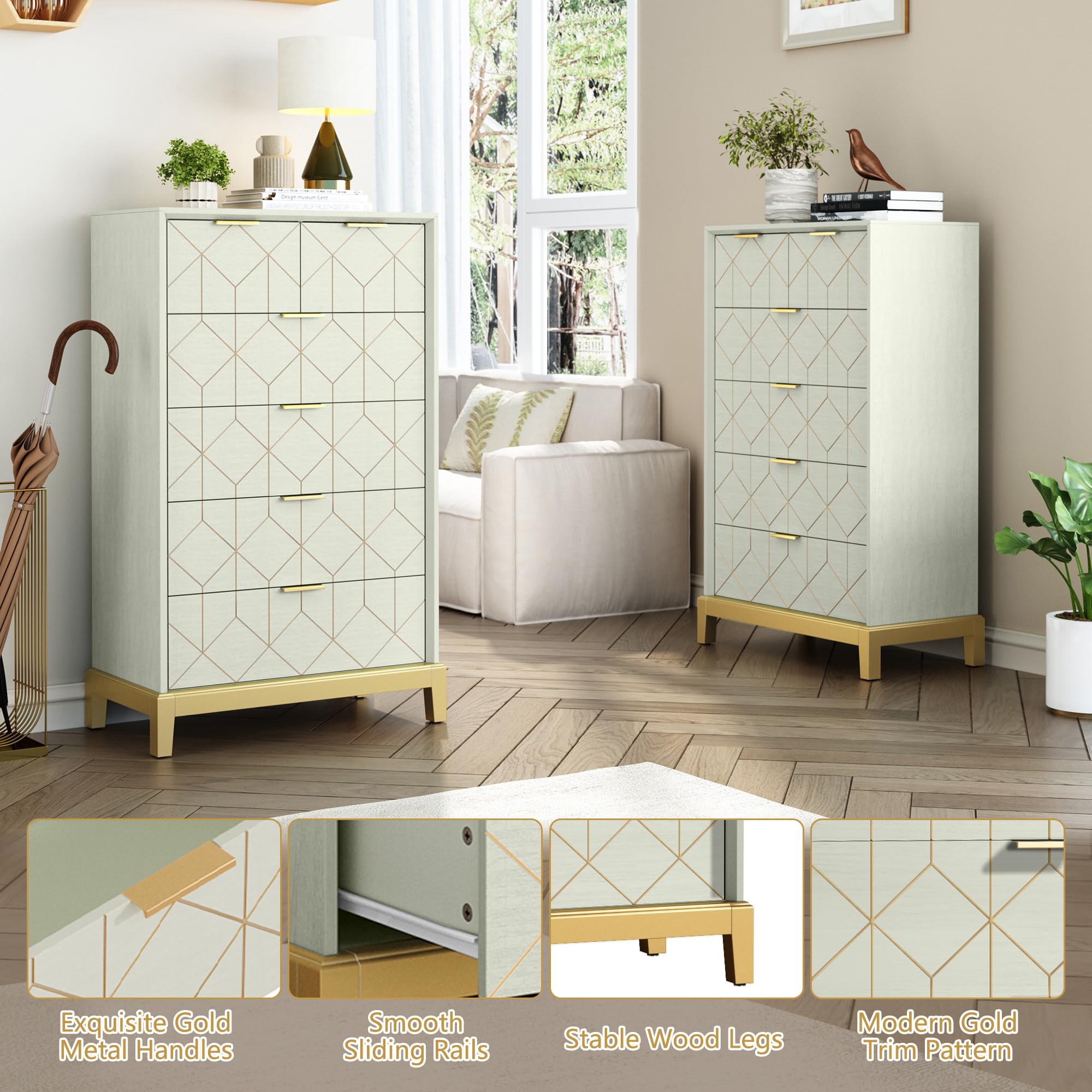 Amazon.com: HLR 6 Drawer Dresser for Bedroom,Modern Wood Chest of Drawers  with Gold Trim, Green Tall Dresser Storage Tower, Large Capacity Organizer  Unit for Closet, Living Room, Hallway, Entryway : Home &