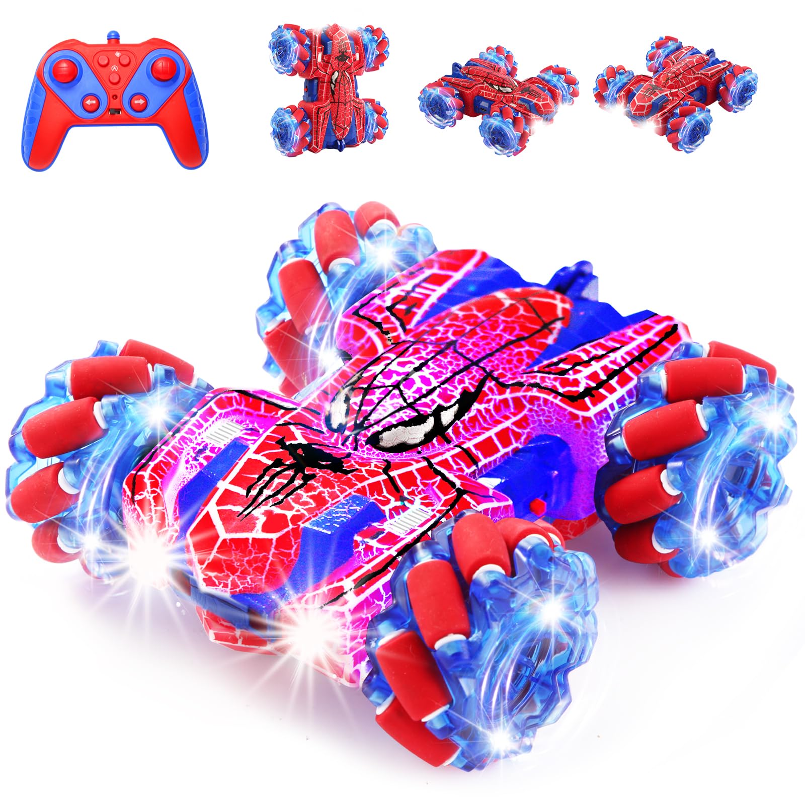 SUPAUSUP Spider Remote Control Car with WholeBody Colorful Light, 2.4Ghz RC Stunt Cars Toys, Double Sided Off-Road 360° Rotating,Rechargeable 4WD RC Drift Car Spider Toys for Boys Kids 4-6 5-7 8-12