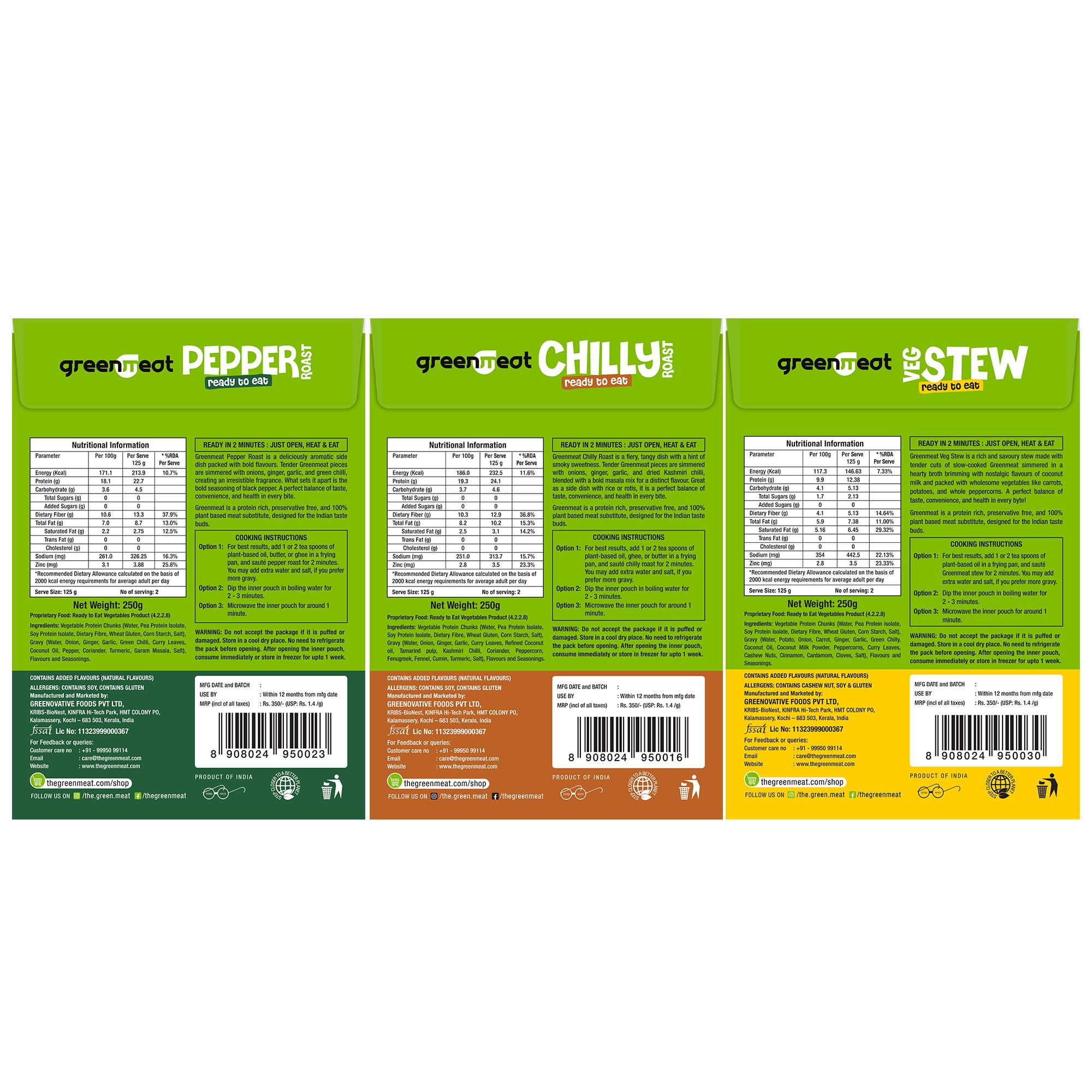 The Greenmeat Chilly Roast + Pepper Roast + Veg Stew | Ready to Eat Combo Pack | 100% Plant Based & Vegetarian | Protein & Fiber Rich | 250g Each (Pack of 3)