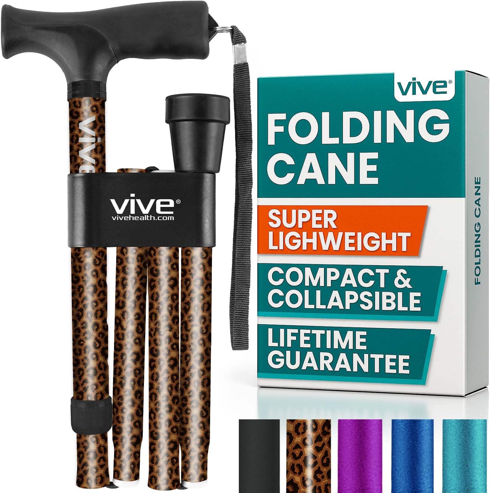 Vive Folding Cane - Foldable Walking Cane for Men, Women - Fold-up, Collapsible, Lightweight, Adjustable, Portable Hand Walking Stick - Balancing Mobility Aid - Sleek, Comfortable