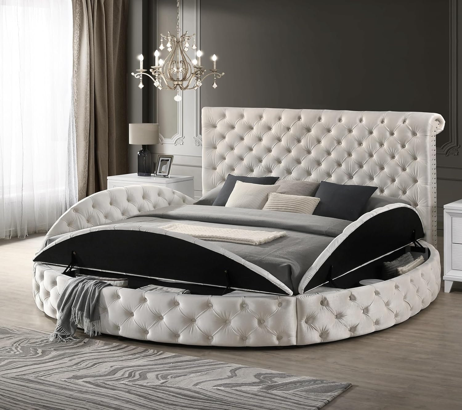 Queen Size Tufted Upholstered Headboard with Storage Round Bed, Black Footboard, Wooden Frame-Glamorous Bedroom with Hidden Storage (Ivory, Queen)