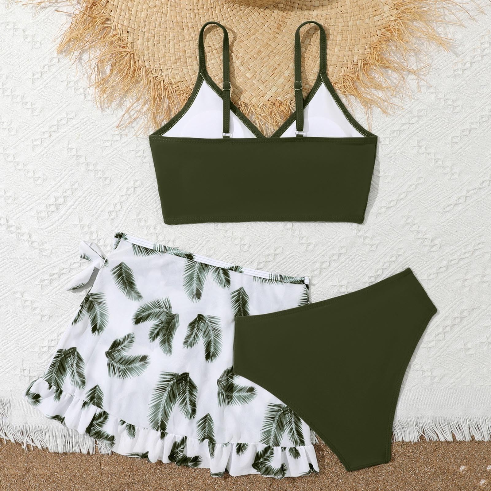 3 Stück Badeanzug Mädchen Bademode Set Mit Einfarbig Bikini Tops Rüschen Blumenmuster Rock Triangel Slips Badeanzug Jugendliche Kinder Sportlich Arena Dünne Schultergurt Badeanzug