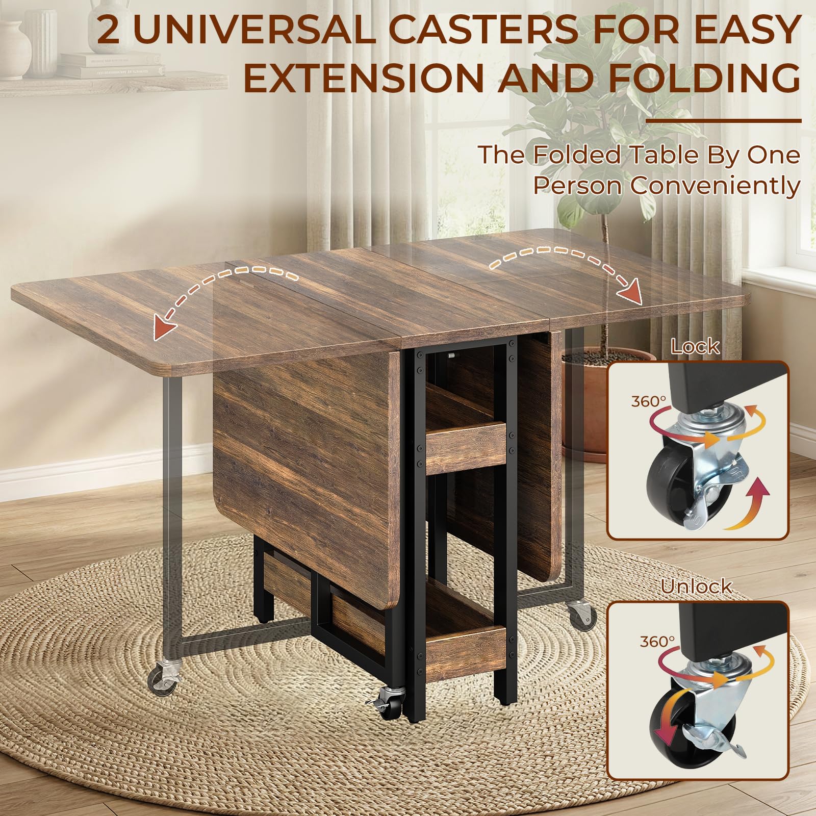 Clevich Tavolo da pranzo pieghevole mobile con 2 ripiani, per 4-6 persone, ideale per spazi ridotti, ingombro da chiuso: solo 0,218 m³, per cucina e casa, 133x80x75 cm, legno di tigre.