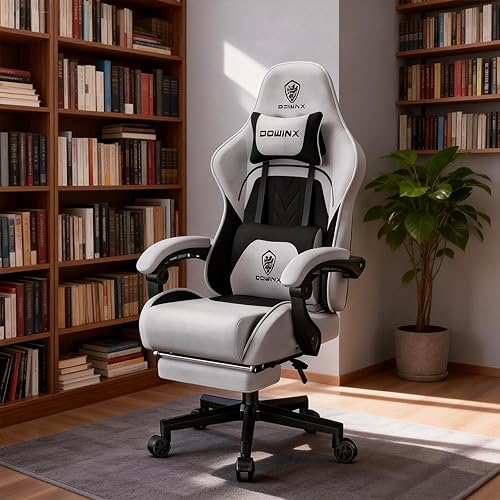 Dowinx Silla de juegos de tela con cojín de resorte helicoidal, silla de juego ergonómica para adultos con reposapiés y soporte lumbar de masaje,