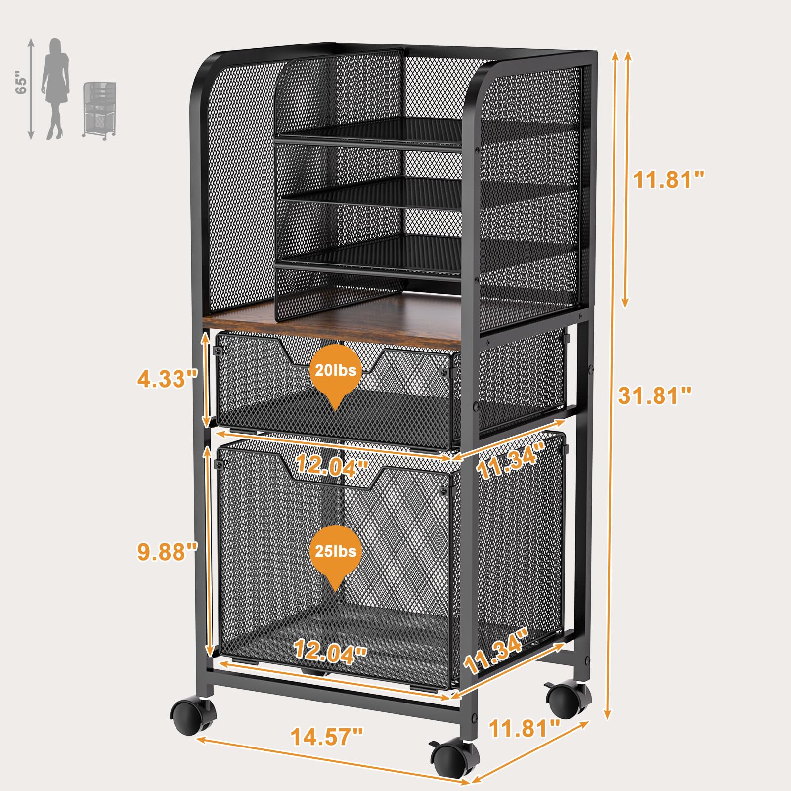 Carrello portadocumenti a 6 ripiani con 2 cassetti, organizer per cartelle sospese, archiviazione file formato lettera con ruote, armadietto mobile multistrato per ufficio e casa