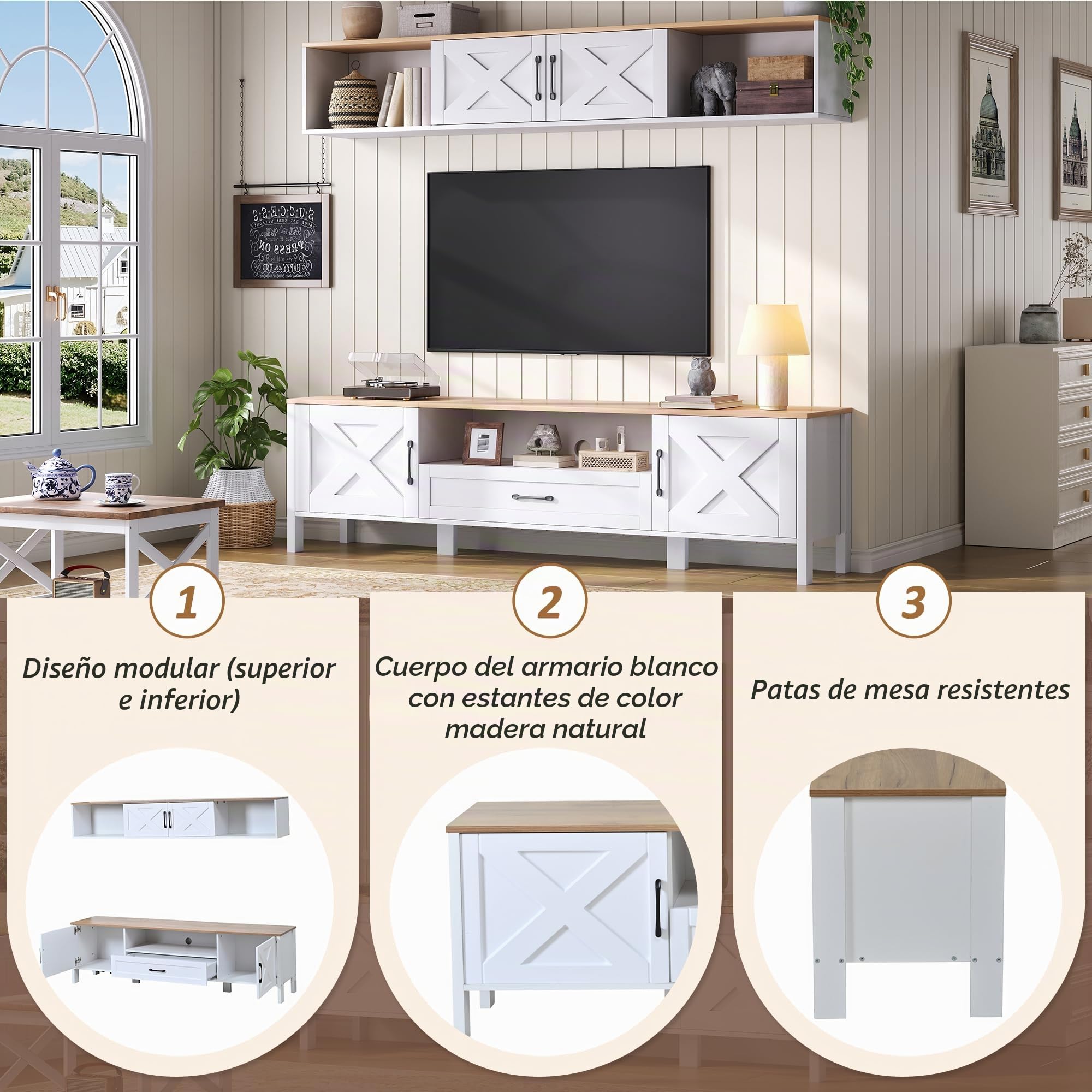 Conjunto de Muebles de Salón Juego de Mueble para TV de 2 Piezas, Mueble de Comedor con 4 Puertas y 1 Cajón, Mesa de TV 180cm, Mueble TV de 80 Pulgadas, 180x40x50 cm, Blanco