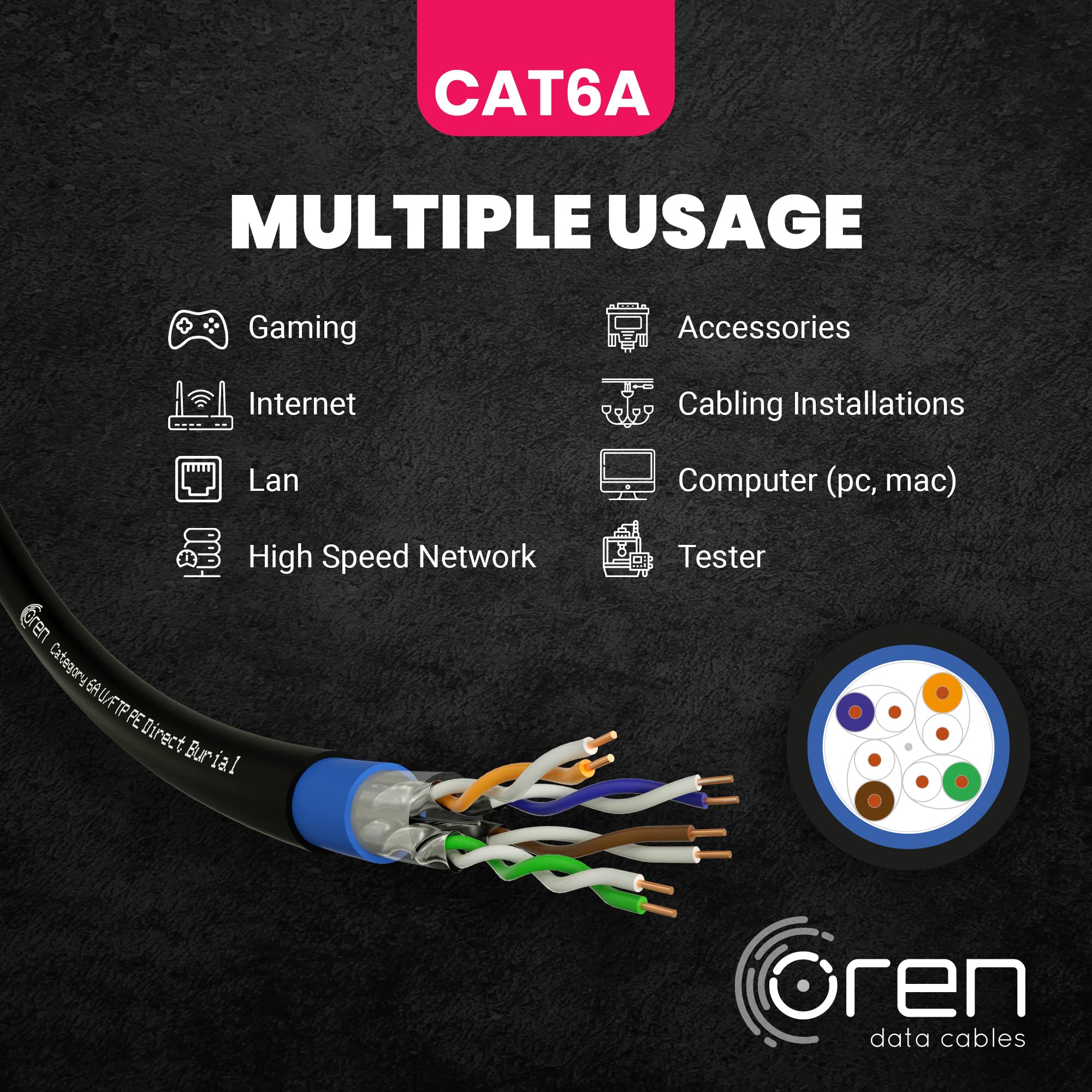 Oren CAT6A 50m Cable Ethernet Para Exteriores - Entierro Directo - Cable de Cobre Puro 23 AWG - Cable de Red LAN de Internet U/FTP de 500 MHz de Ancho de Banda, Libre de Halógenos - 10 GbE
