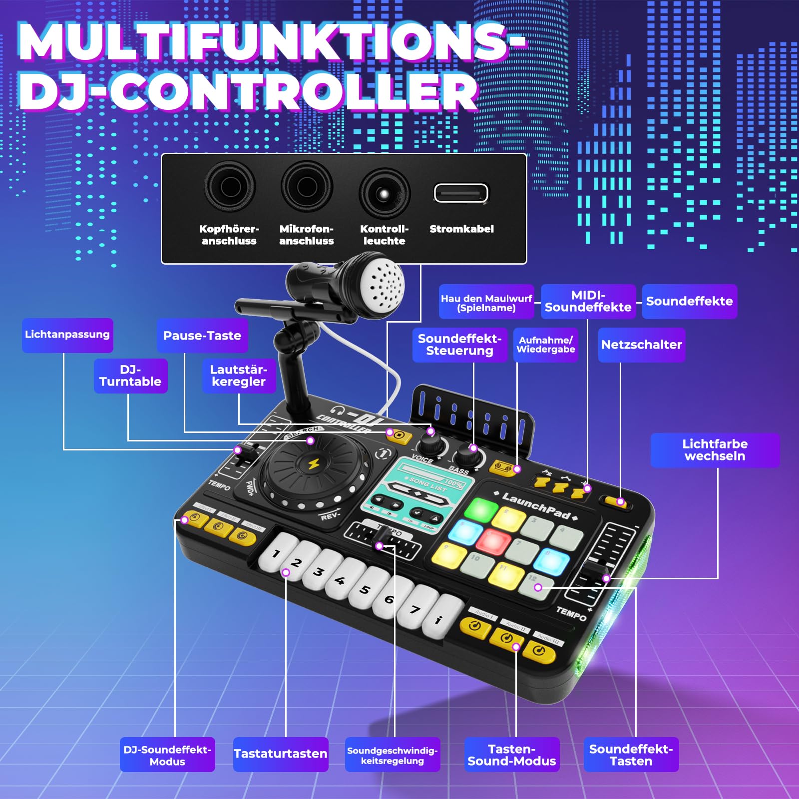 DJ Mischpult DJ Pult für Kinder 3-10 Jahre DJ Controller DJ Mixer Musikinstrumente mit Mikrofon 100+ Soundeffekten Licht Akku, Geschenk Spielzeug für DJ-Anfänger Jungen Mädchen 3 5 6 7 8 9 10 Jahre
