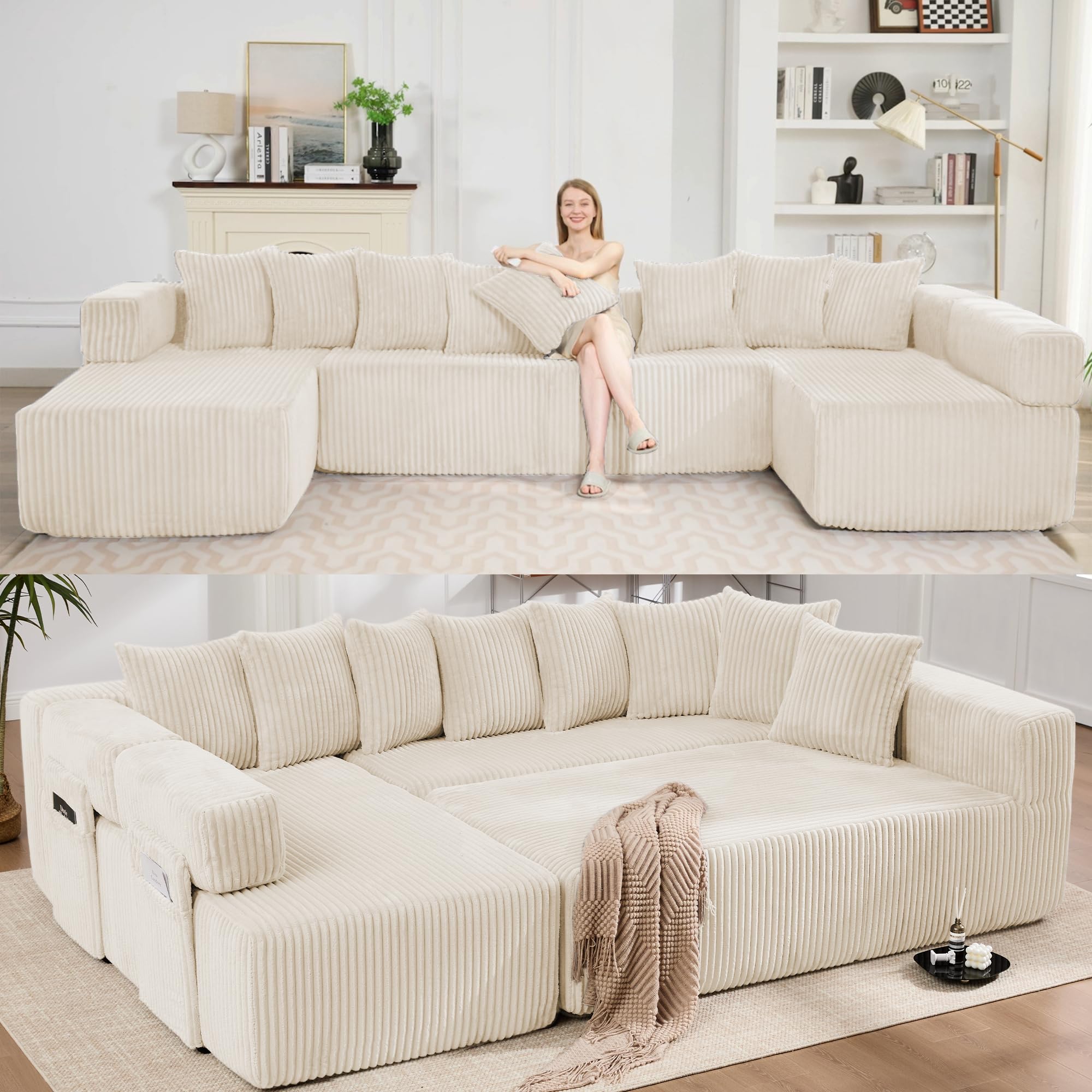 Oversized Cloud Boneless Couch with Chaise, 146" Modern U Shape Modular Deep Seat Sectional Sofa, Comfy Corduroy Upholstered Couches for Living Room, No Assembly Required-Beige