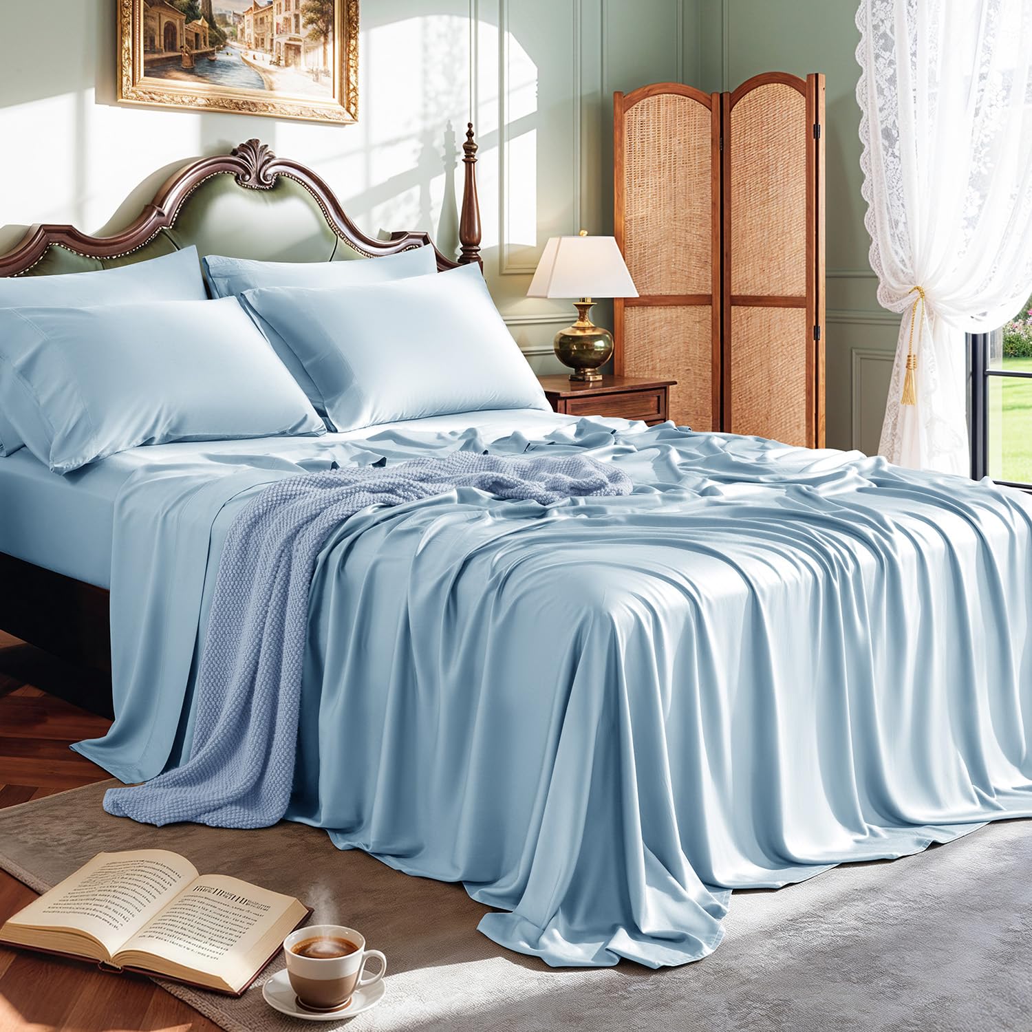 Photo 1 of Shilucheng Queen Bamboo Sheet Set - 6pcs, Teal Blue