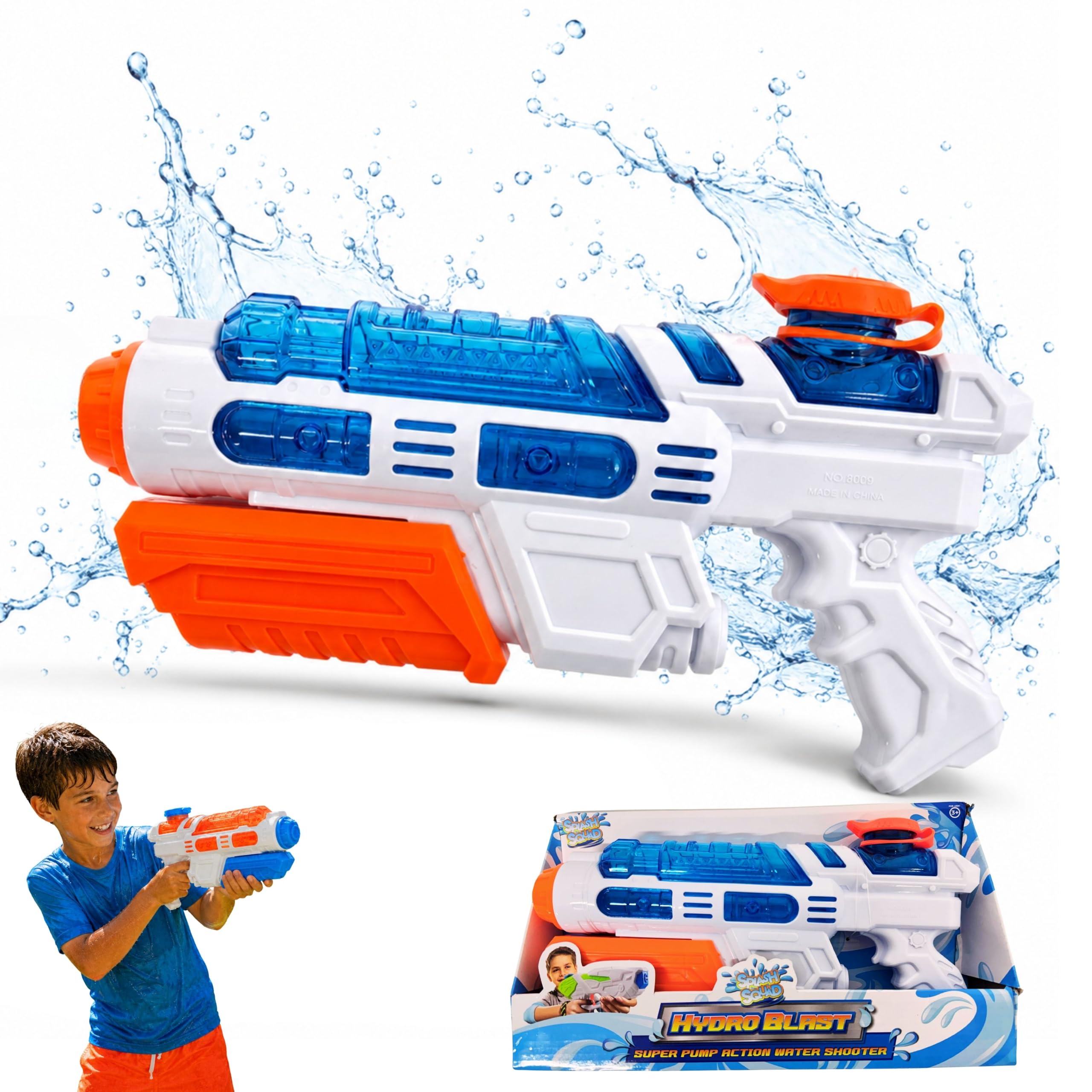 Splash Squad Hydro Blast Pump Action Water Gun 600ml Tank 8M Range Jumbo Water Blaster Water Shooter Water Pistol for Kids Garden Beach Pool Summer Toys Blue - 33cm
