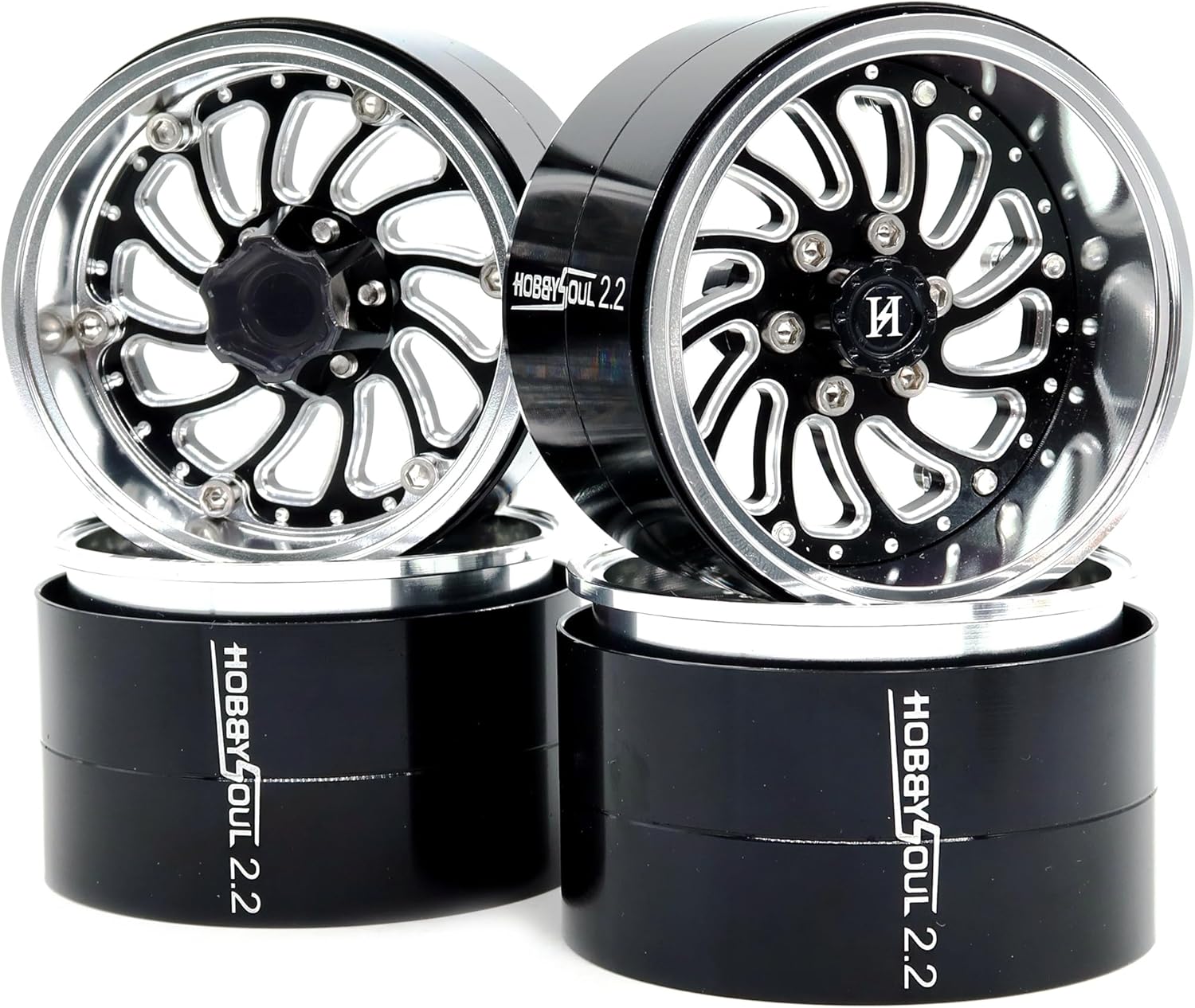 HOBBYSOUL 2.2 Beadlock Wheels Wide 40mm Adjustable Negative Offset Rims for 1/10 RC Crawler TRX4 SCX10 Capra Gen8 Everest gen 7 Pro Upgrades, HS701578 Silver & Black
