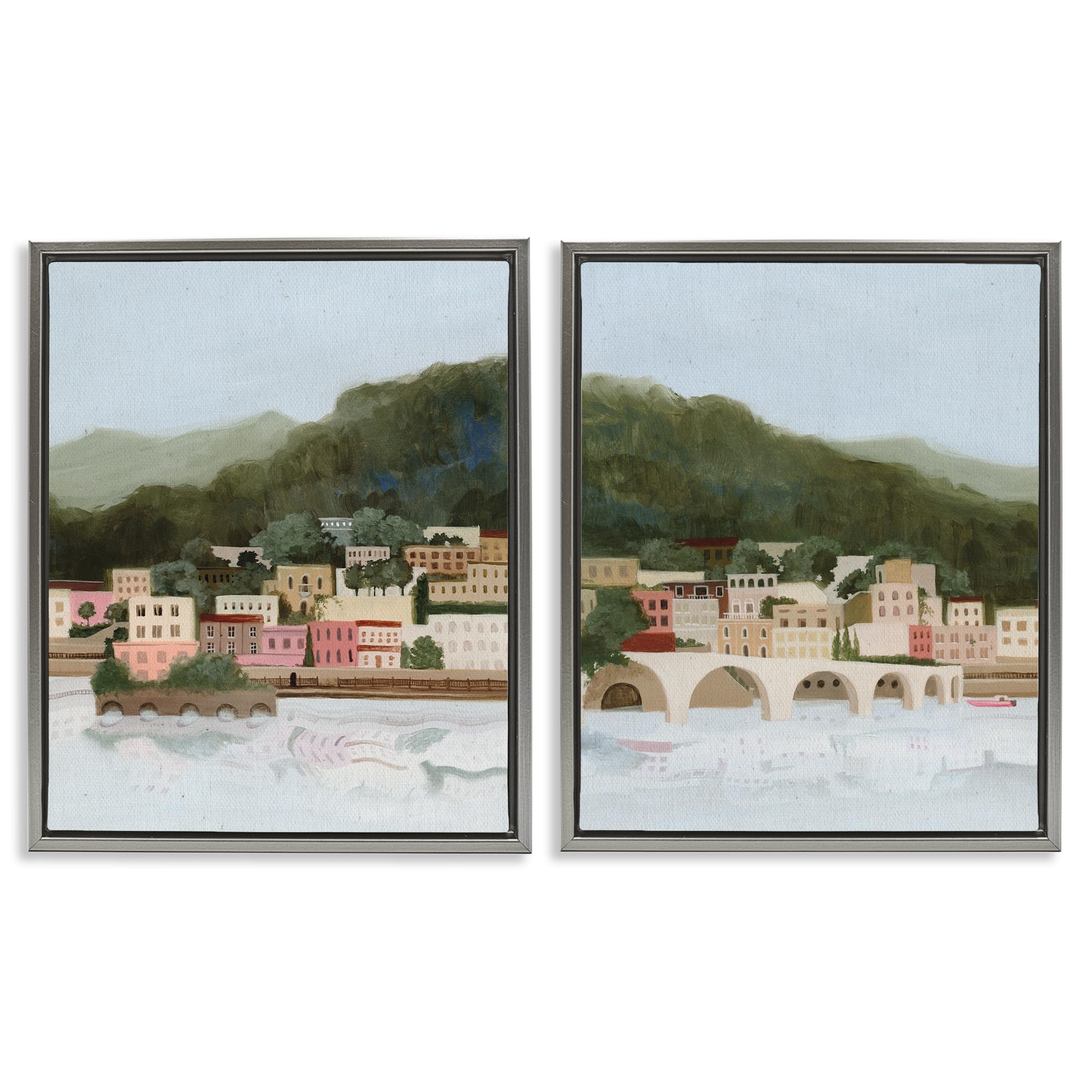 Stupell Industries Luster Gray (Matte) Mountain Town By Sea Scenic, 24 X 30 Inch Canvas In Floater Frame Set