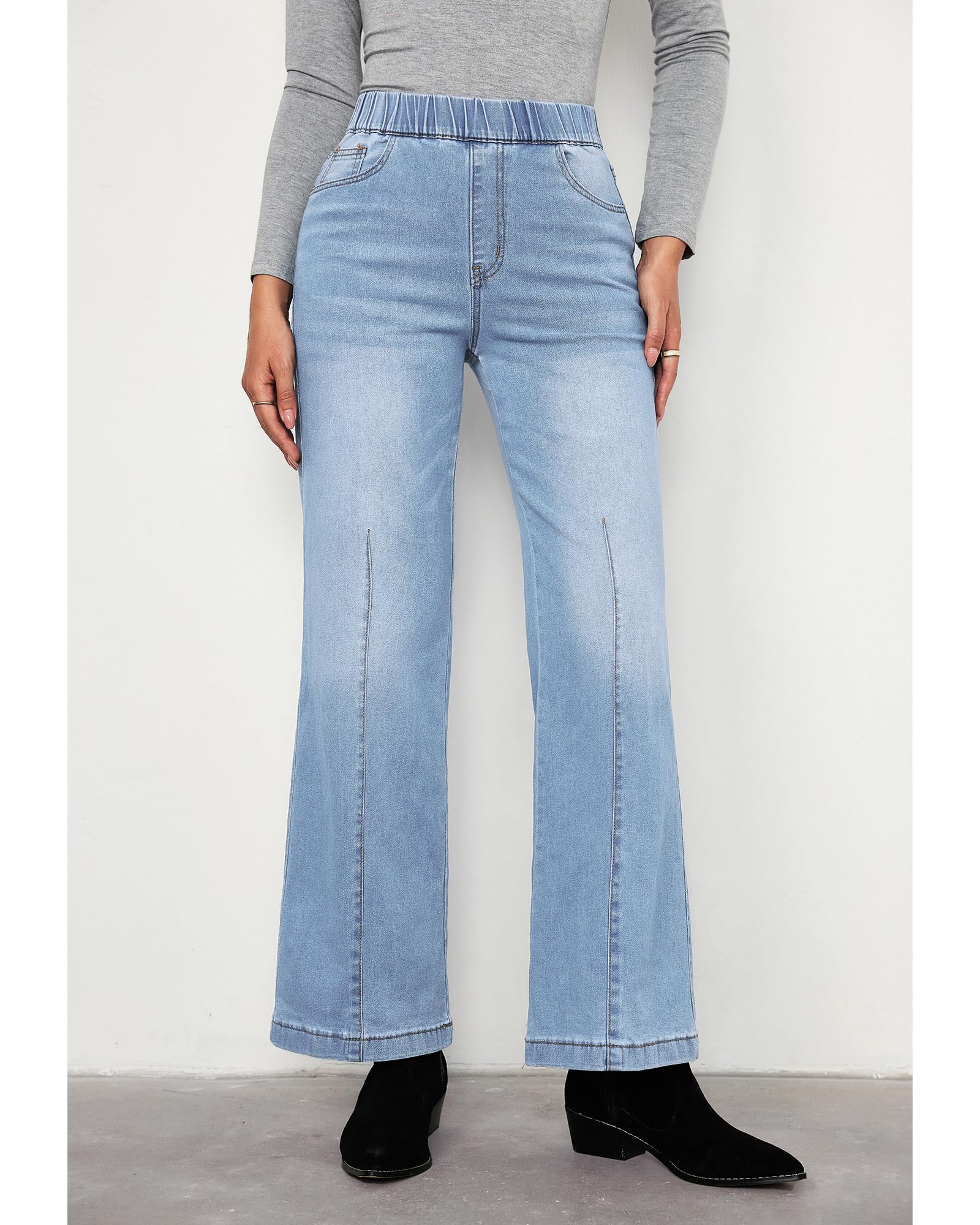 Roskiky Jeans Damen High Waist Pull On mom Jeans Stretchy High Waisted Denim Wide Leg Trouser Pants Trendy Front Seam 90s Loose Jean