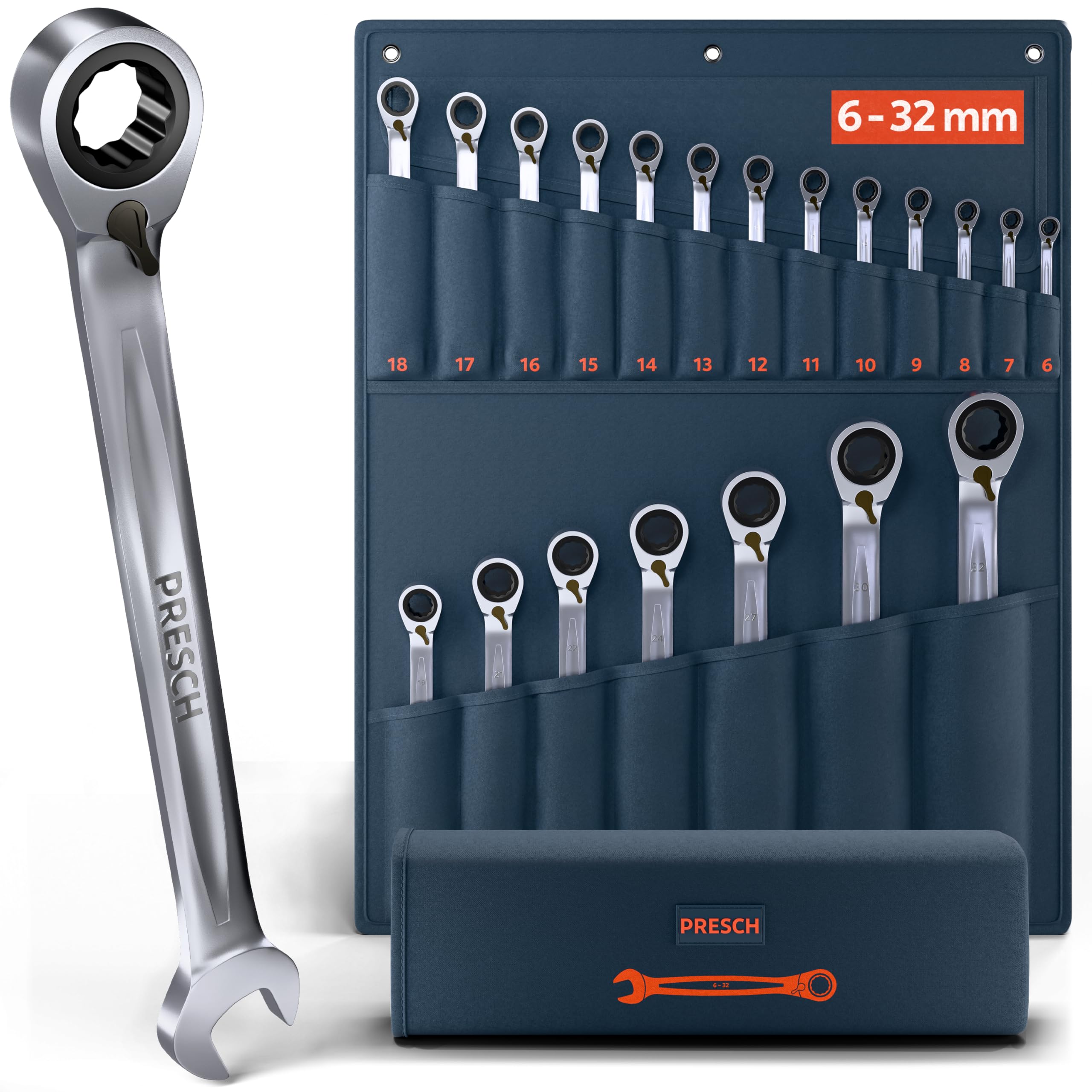 PRESCH Reversible ratchet wrenches 20 pcs (6-32 mm) with bag - Minimum return angle (up to 2.7°, 135 teeth) - Durable, precision-made ratchet wrench set