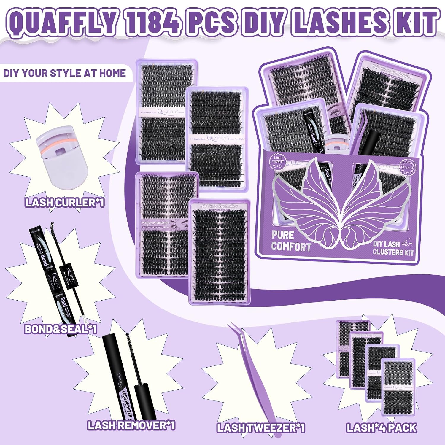 DIY Lash Cluster Kit – 1184pcs 40D-100D Natural Soft Cluster Lashes 8-18mm D Curl with Lash Bond&Seal Remover Tweezere Lash Curler All Tools In One Box