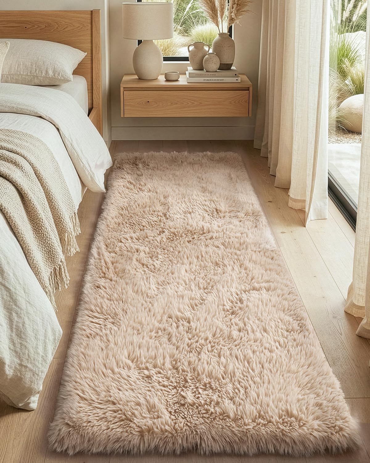 DEXI Runner Rugs for Hallway, 2x6 Washable Non Slip Bedside Rug for Bedroom, Fluffy Soft Shag Neutral Carpet for Entryway Bathroom Laundry Room Floor, Beige