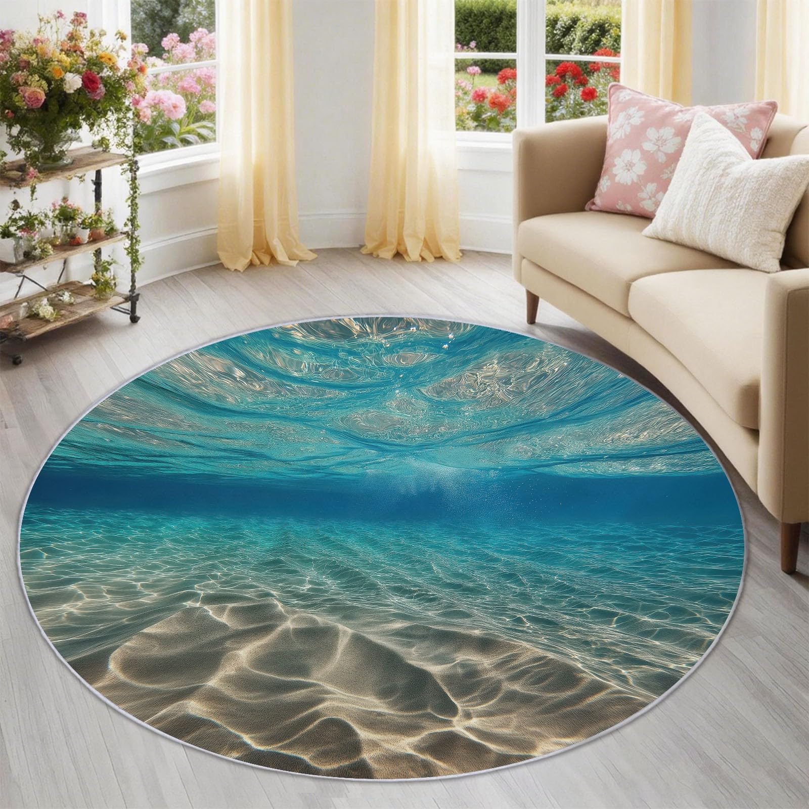 Tapis rond 180 cm flanelle bleu salon chambre antidérapant