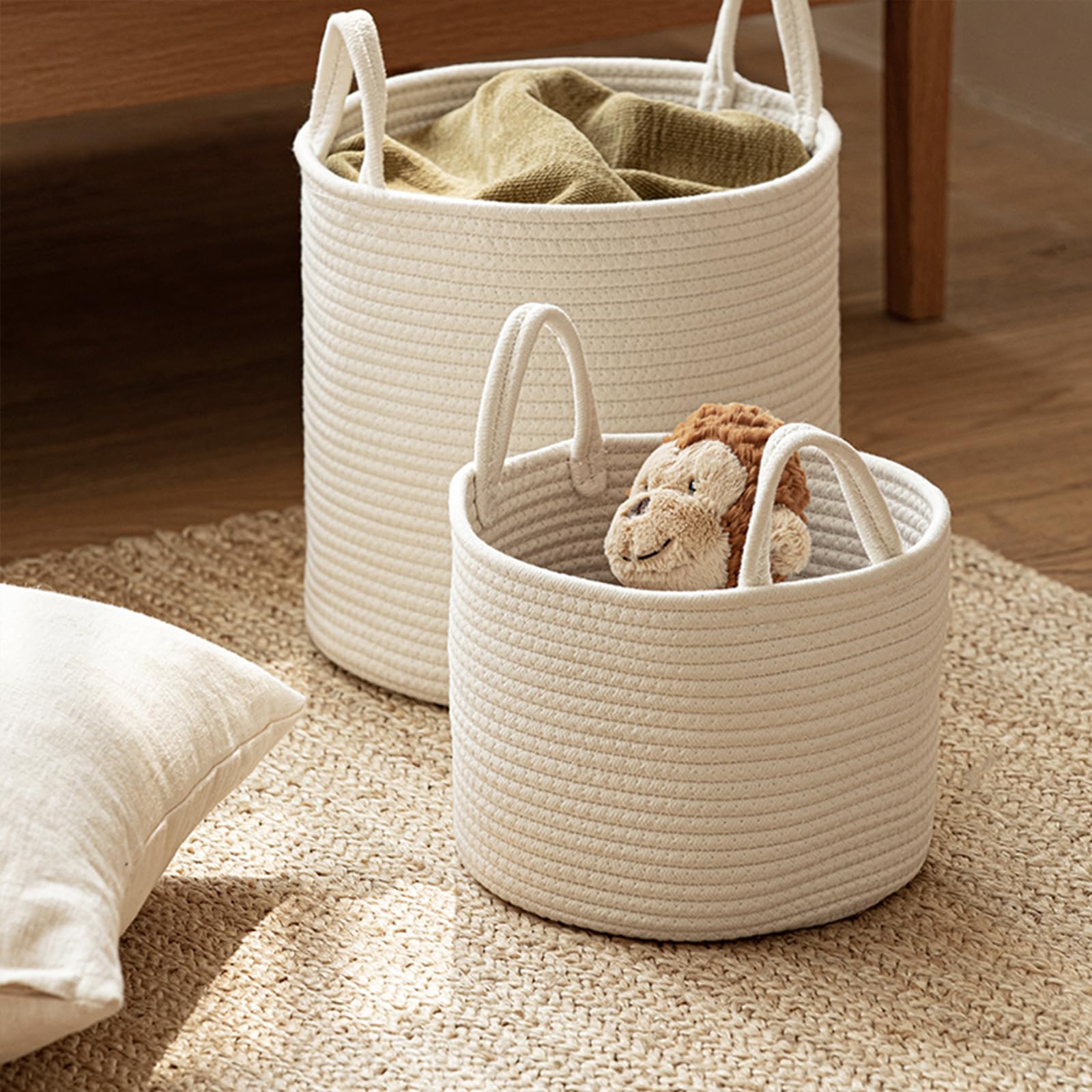 Panier de rangement beige, panier rond en corde de coton, panier pour linge sale, boîte de rangement, convient pour les jouets, couvertures, linge sale, petites choses, collations (Beige, M)
