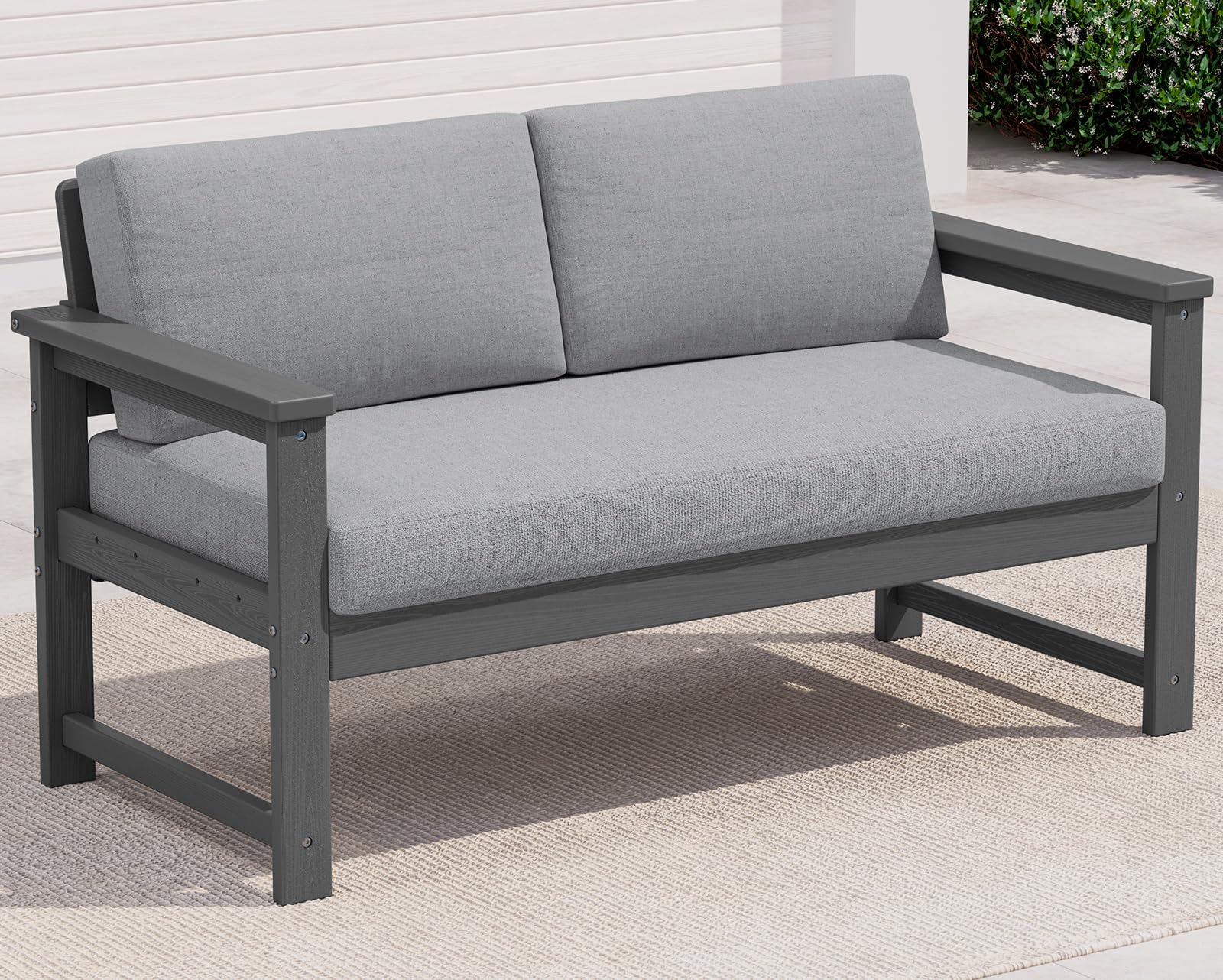 SERWALL HDPE Outdoor Loveseat with Cushion, Outdoor Sectional Furniture Set