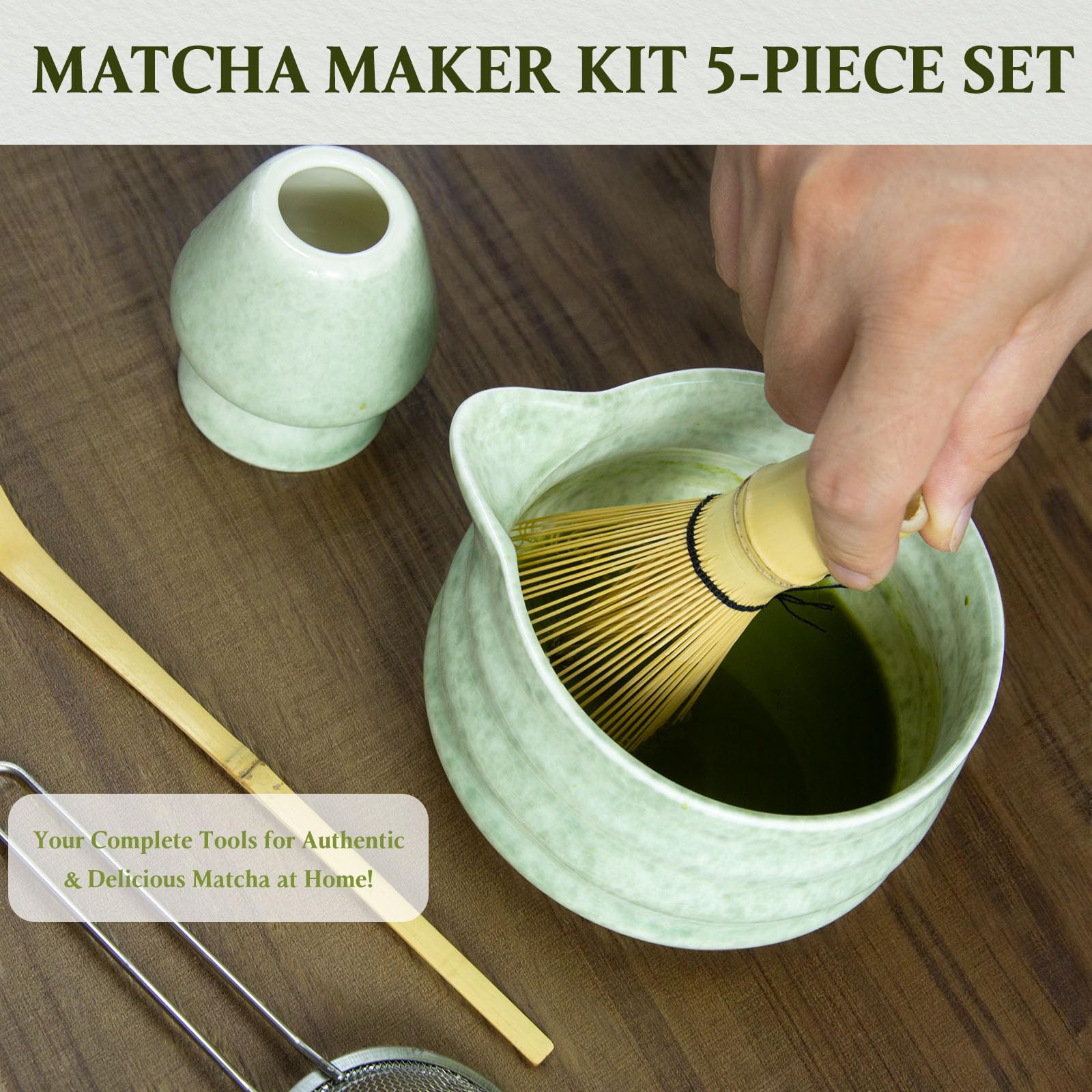 AIYICIII Set da tè giapponese Matcha (7 pezzi) – Frusta e ciotola Matcha, supporto per frusta (supporto Chasen), paletta, kit per la preparazione del tè matcha (smalto bianco