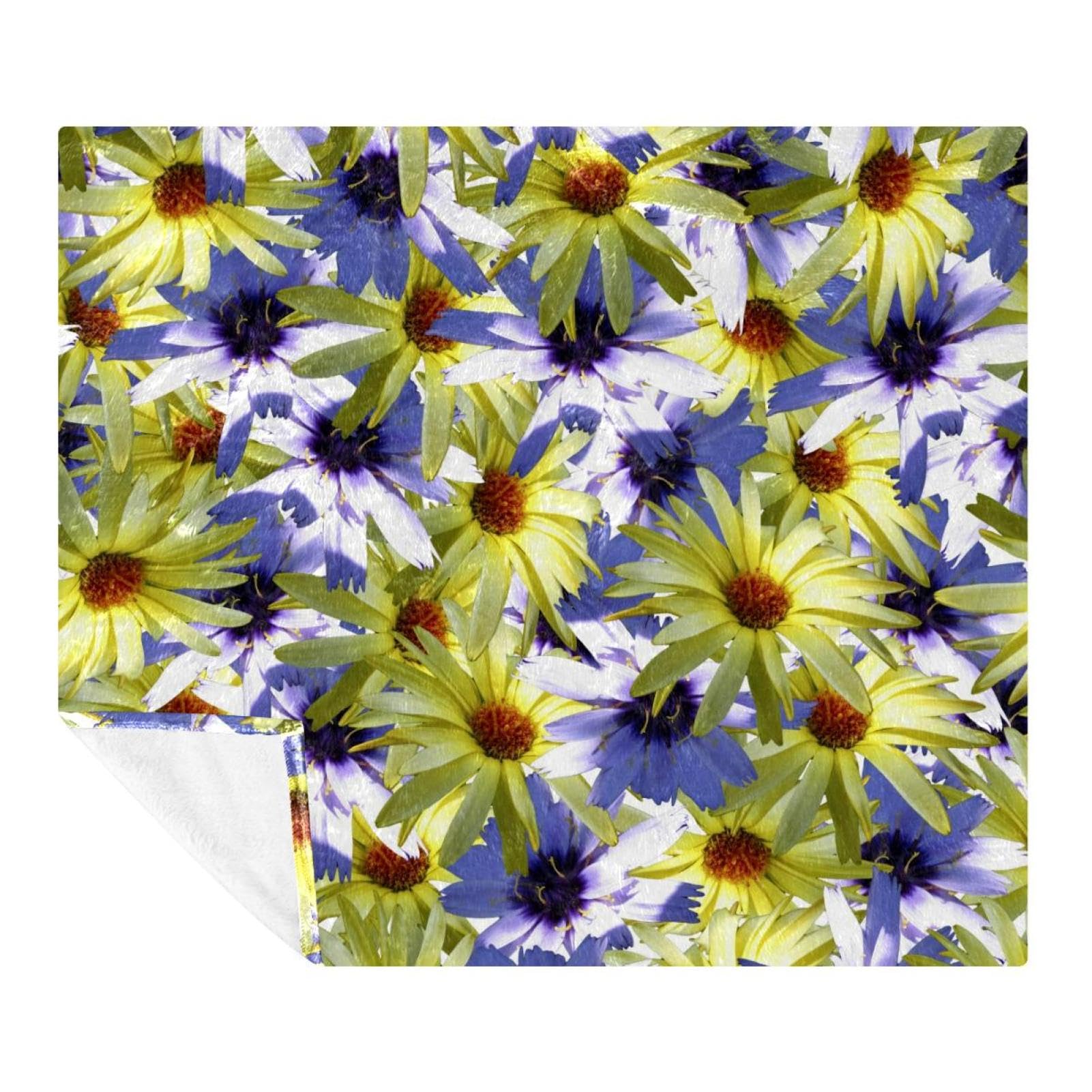 Couverture polaire en microfibre 150x200 motif fleurs bleues et jaunes pour lit