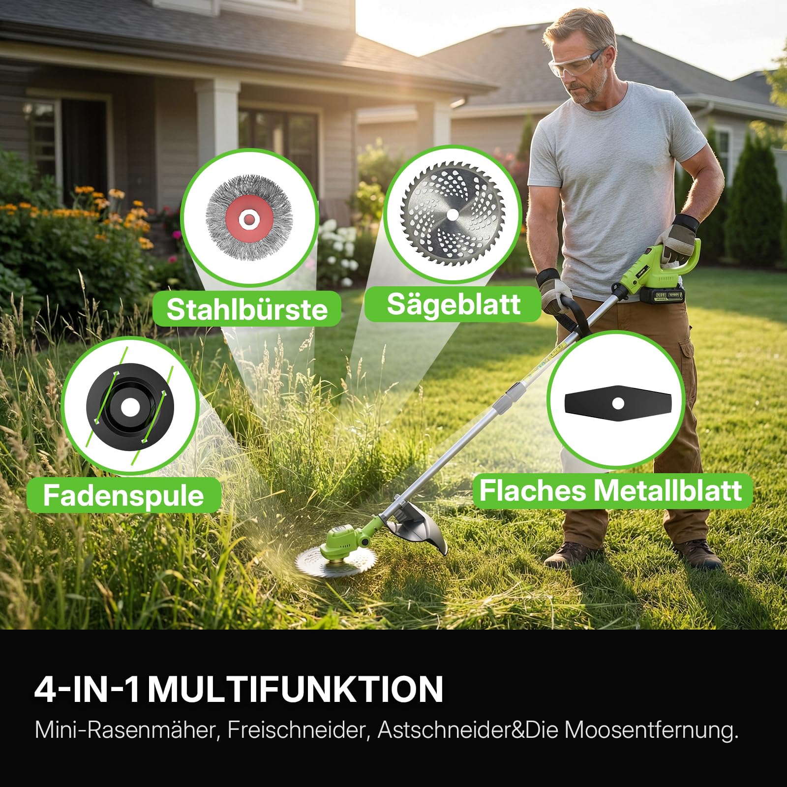 WORKIT Rasentrimmer mit Akku, Freischneider mit 2x4.0Ah Akkus und 4 Messertypen, Bürstenlose, 20V, Schnittbreite 23 cm, für Rasenschneiden Rasenpflege Auffahrt und Garten