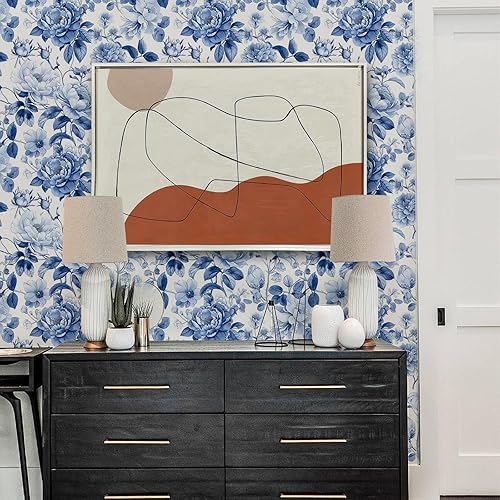 Miniatura 5 de Papel tapiz azul vintage elegante floral autoadhesivo para despegar y pegar, papel de contacto con hojas de peonía botánicas de acuarela blanca
