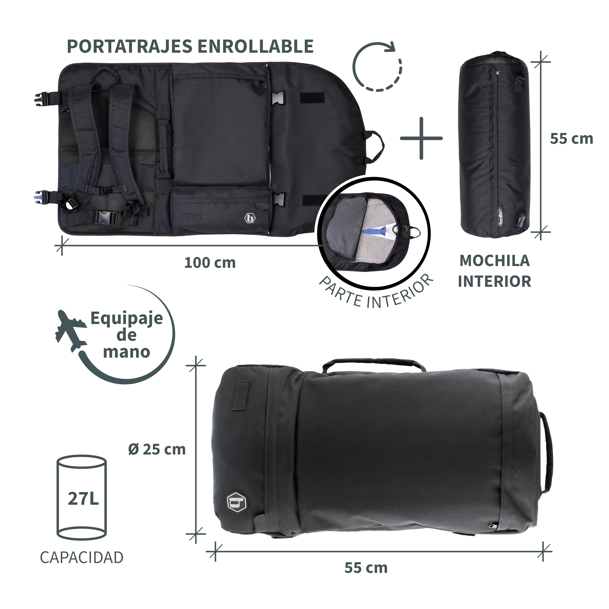 Zaino porta abiti convertibile 2 in 1, borsa da viaggio nera, custodia impermeabile, fascia riflettente