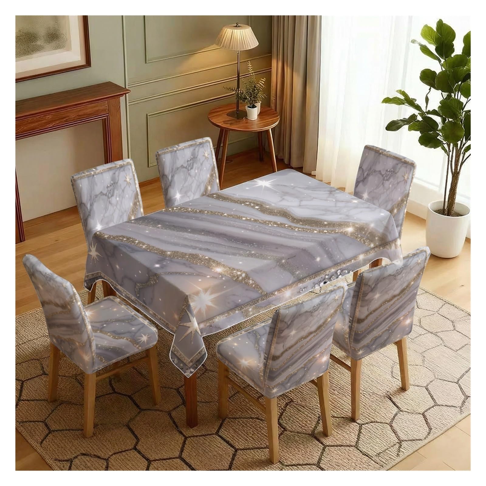 BOSUYBN Grey Marble Gold Glitter Star Streak Printed Dining Tablecloth & Chair Covers Set, 5/7 Piece Modern Luxury Glam Dining Home Decor Table Setting(7pcs Set: Tablecloth+Chair Covers)