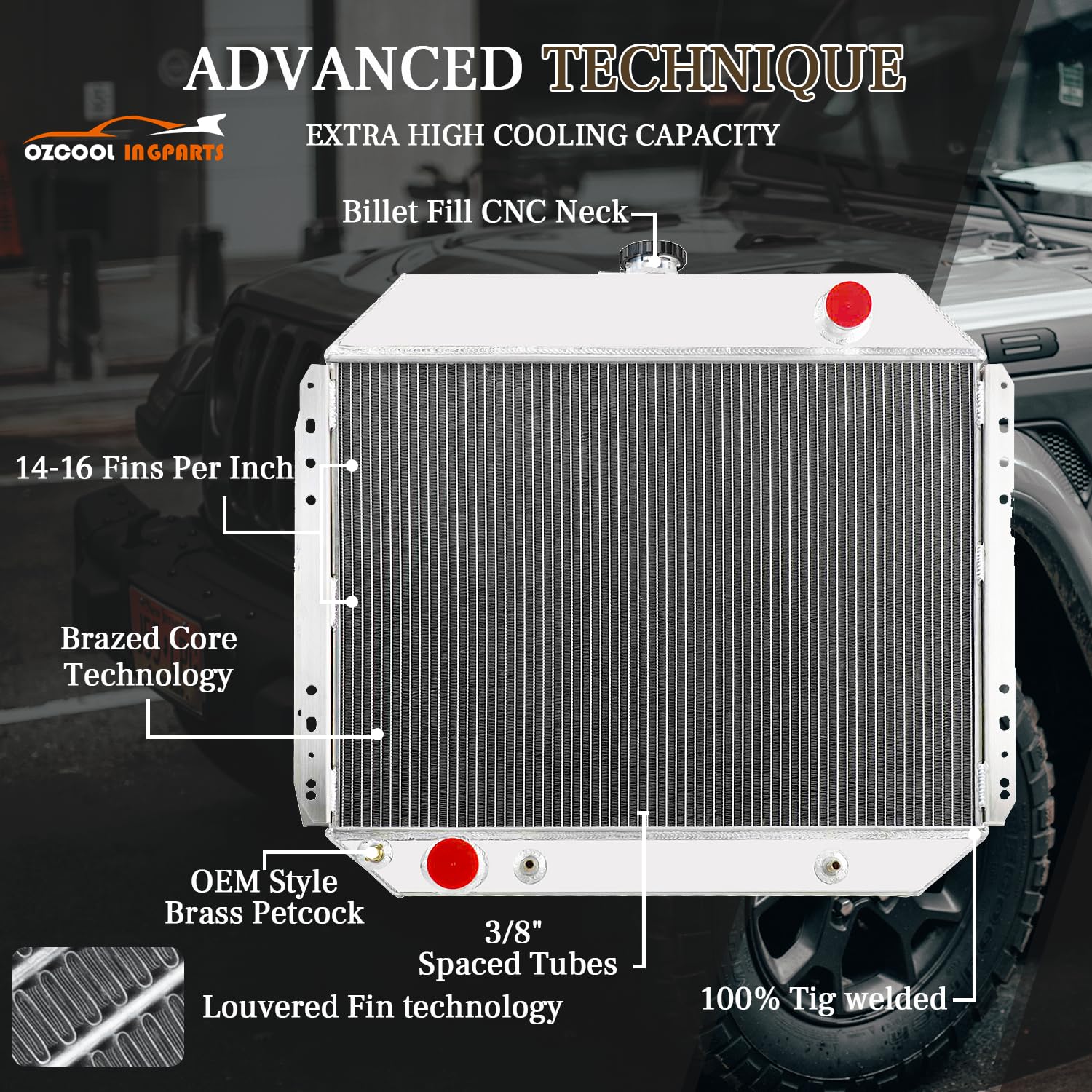 OzCoolingParts 66-79 Ford F-Series Radiator, 4 Row Core Full Aluminum ...