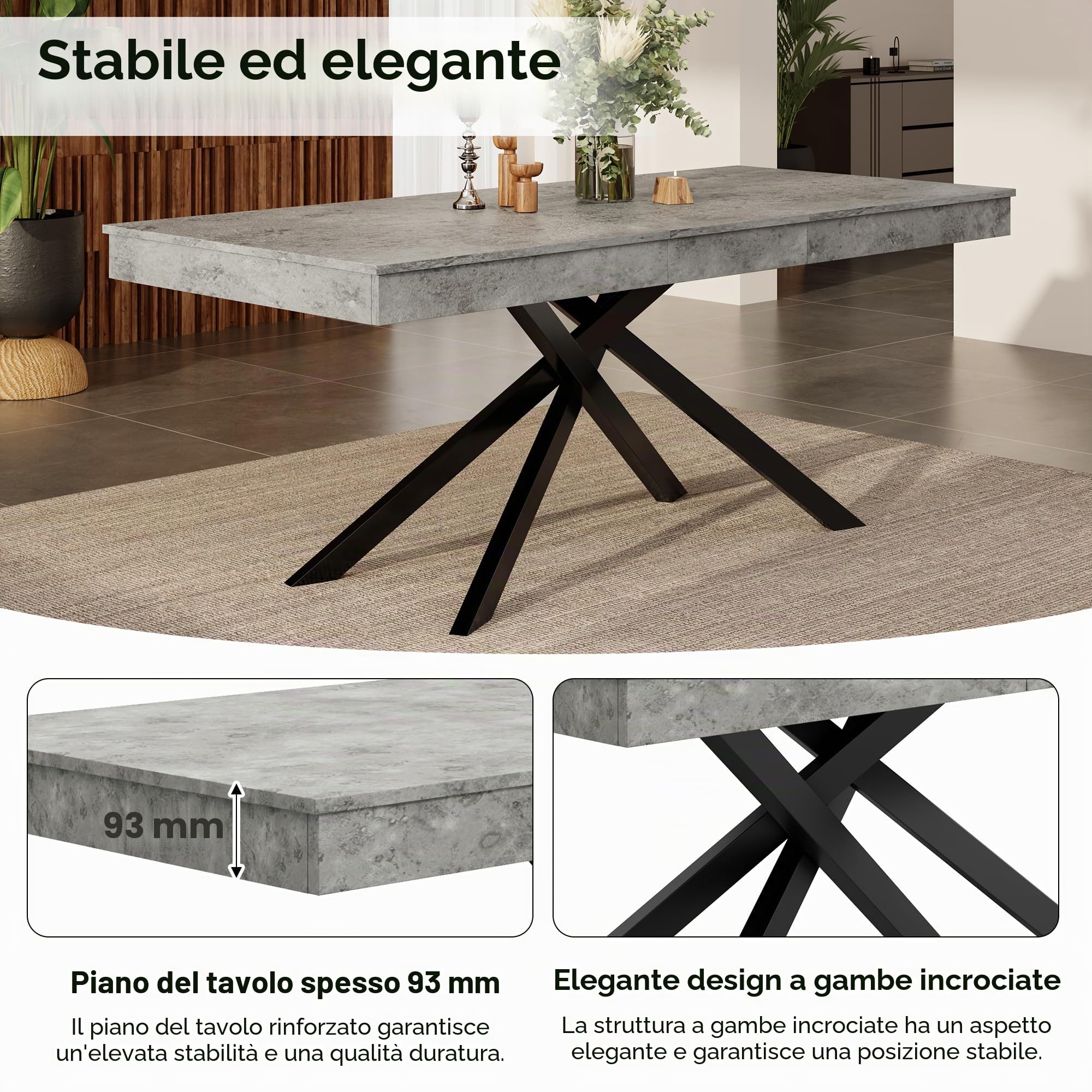 SACOOL Tavolo da pranzo allungabile, 140/180 x 80 cm, adatto per 6-8 persone, forma destra, tavolo ispessito, gambe in metallo, stile semplice, tavolo per sala da pranzo, cucina, soggiorno, grigio