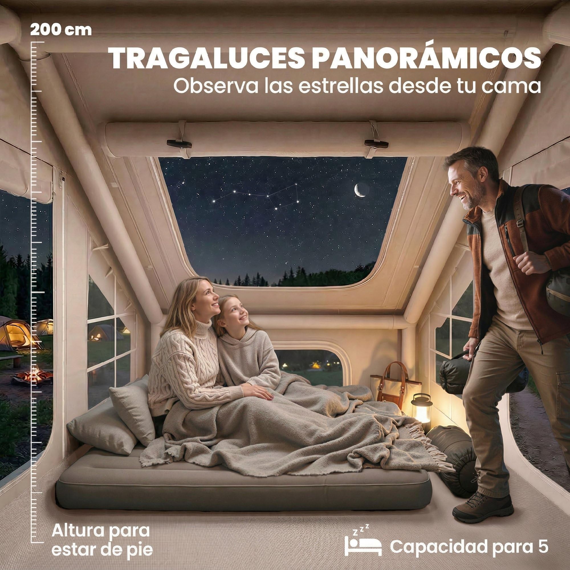 Outsunny Tienda de Campaña Inflable Glamping para 5–8 Personas con Apertura de Chimenea y Claraboya Bomba UPF30+ Bolsa para 4 Estaciones Instantáneo Resistente al Viento Tela Oxford Impermeable 5000+