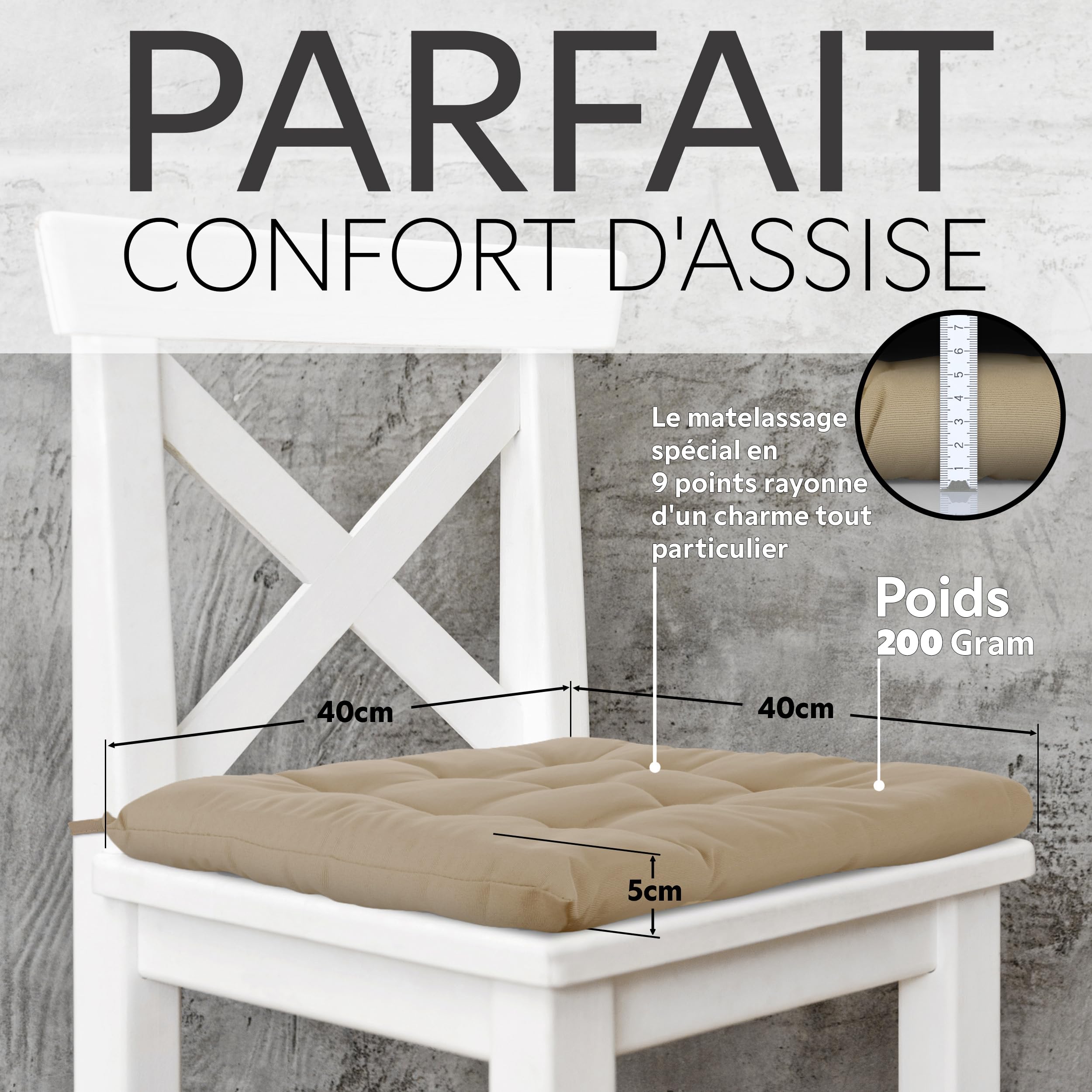Brandsseller Lot de 6 Coussin de Chaise 40x40 cm Coussin d'assise Rembourrage de Chaise avec Fixations Décoration pour l'intérieur et l'extérieur piqué - Taupe