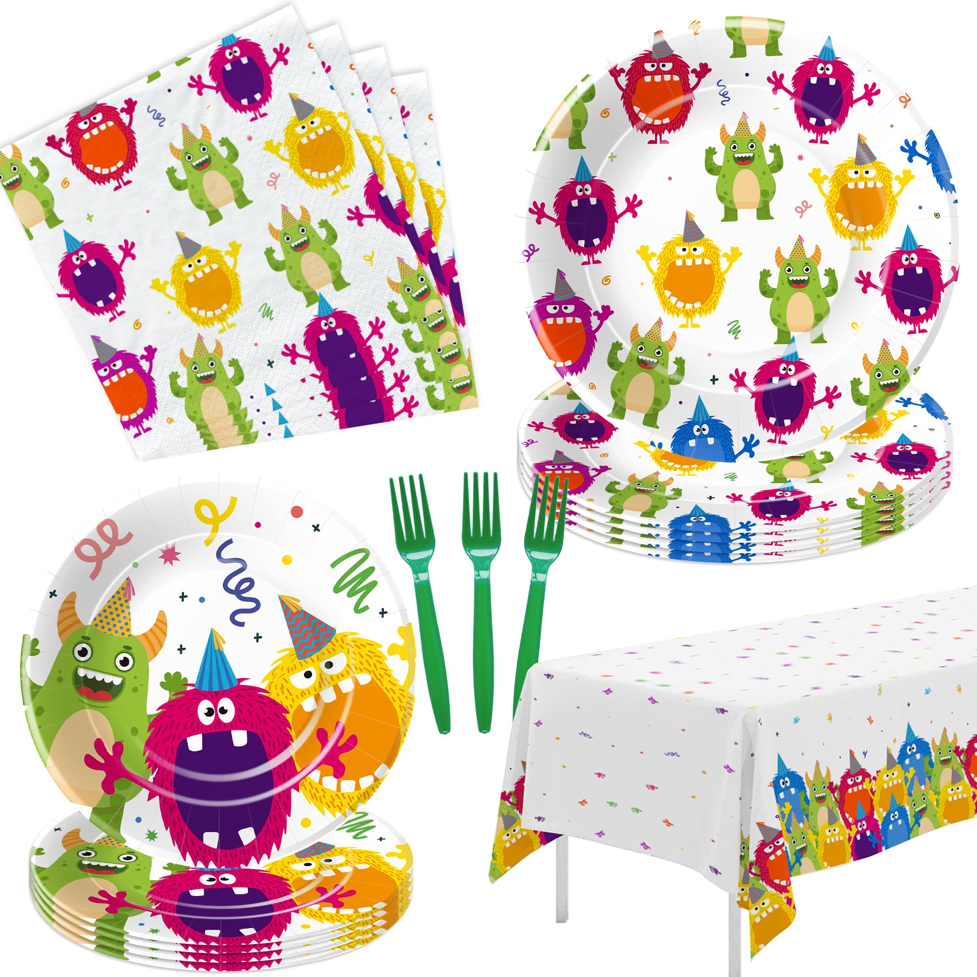 Xigejob Monster Birthday Party Supplies - Monster Party Tableware Decorations, Plate, Napkin, Tablecloth, Fork, Monsters Theme 1st 2nd 3rd Birthday Decorations Monster Baby Shower Plates | Serve 24
