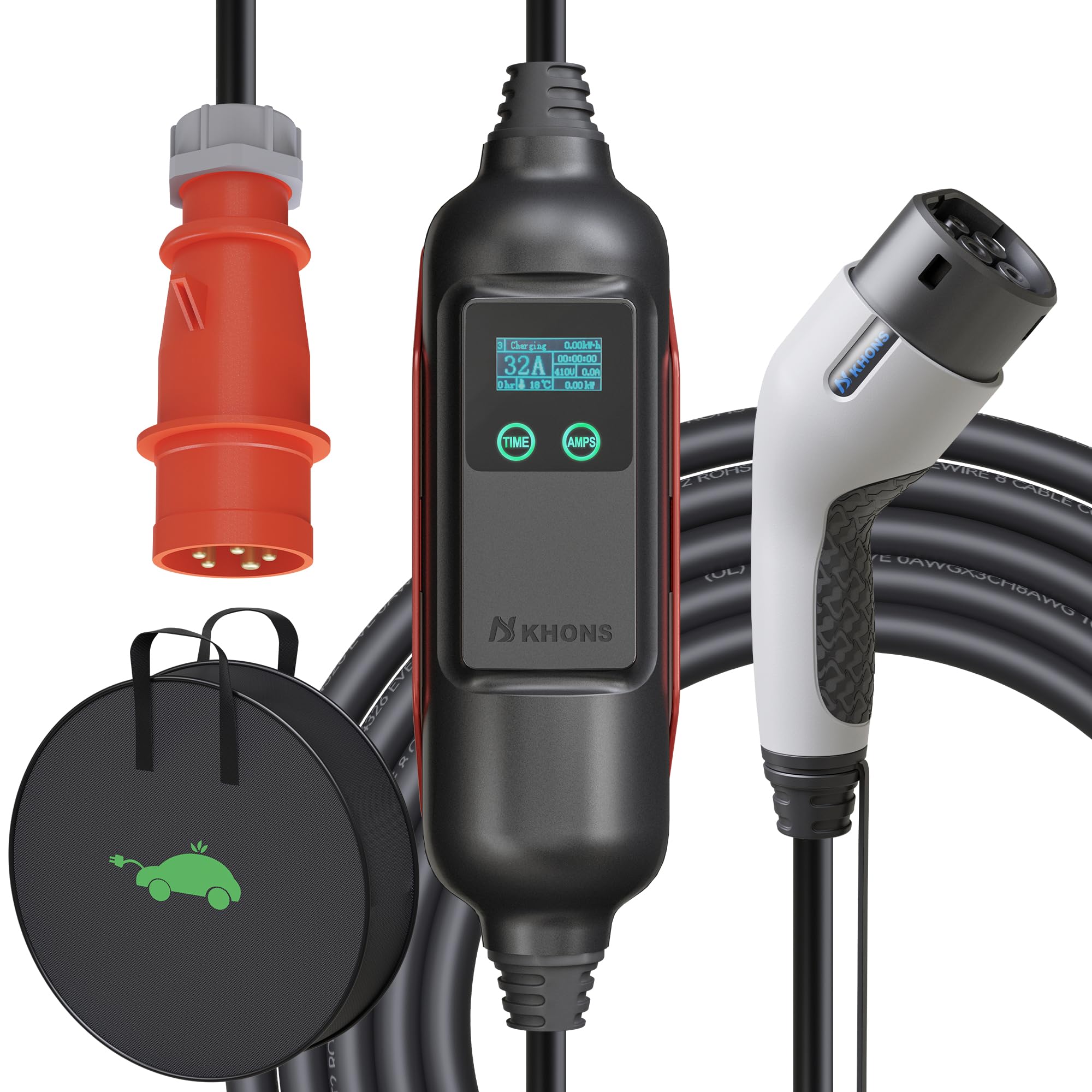 Chargeur Voiture Électrique Portable 3.68kW Type 2 - 8-16A Réglable, Écran 2.8', Délai 0-15h, Câble 6m + Sac