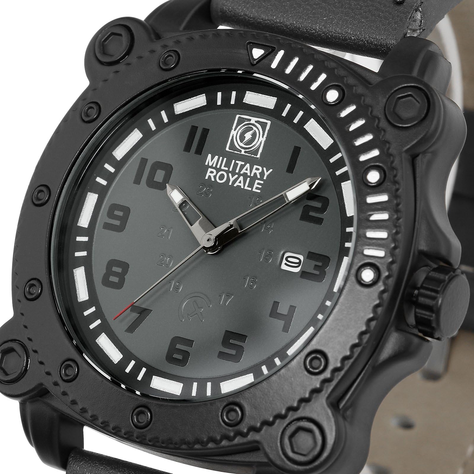 Military Royale Men's Black Case Leather Strap White Logo Dial Luminous Auto Date Army Watch MR091