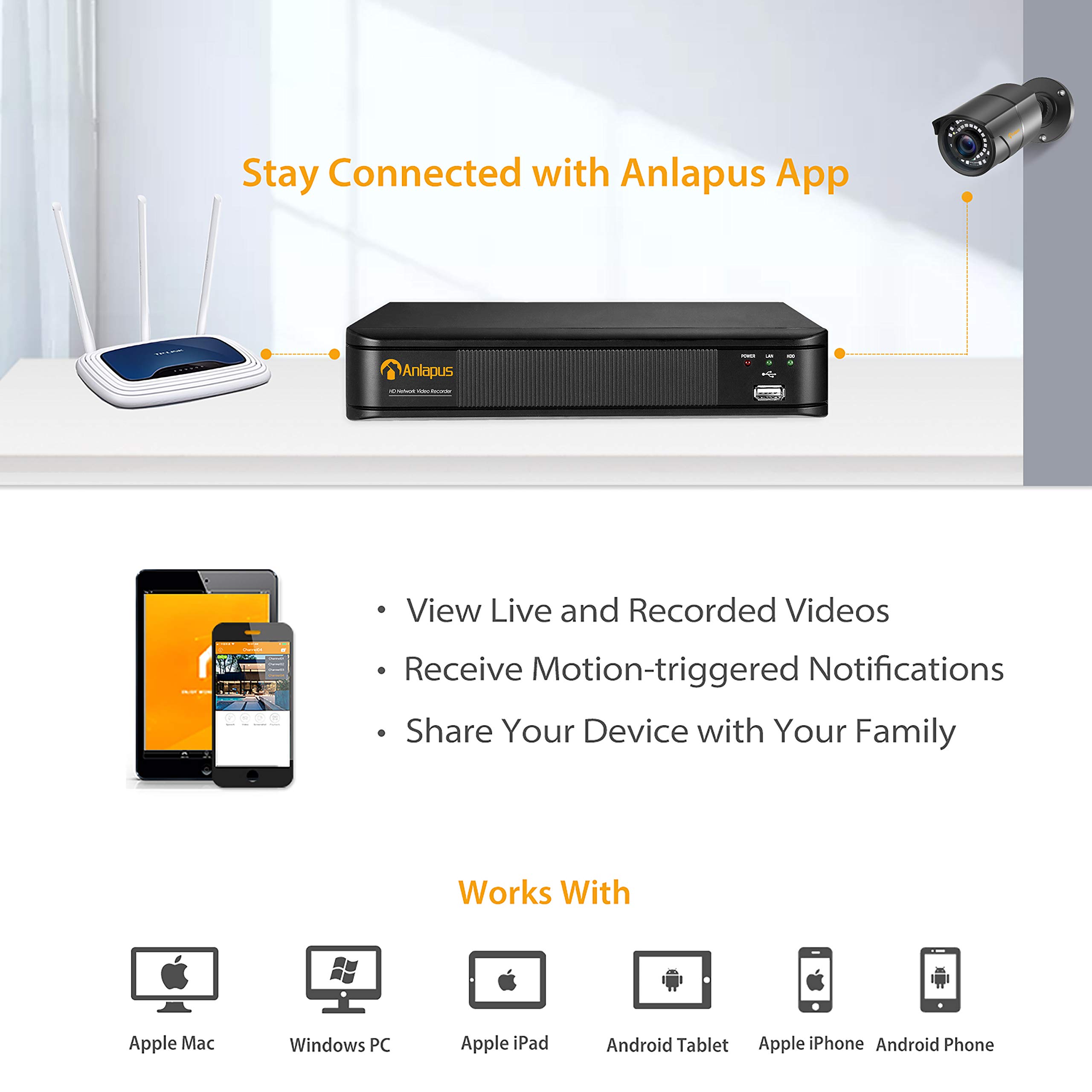 Anlapus PoE Kit Sistema de Cámara de Vigilancia Seguridad 4pcs Cámara PoE IP Exterior con 8CH 5MP H.265+ Videograbador NVR, Visión Nocturna, Alarma de Movimiento, 1TB Disco Duro