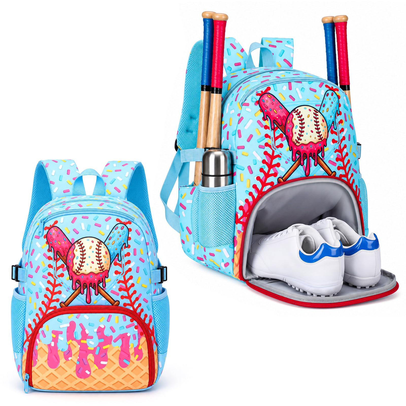 Shinylin Ice Cream Drip Baseball Backpack with Shoes Compartment Softball Sports Bag Party Gifts for Youth Back to School