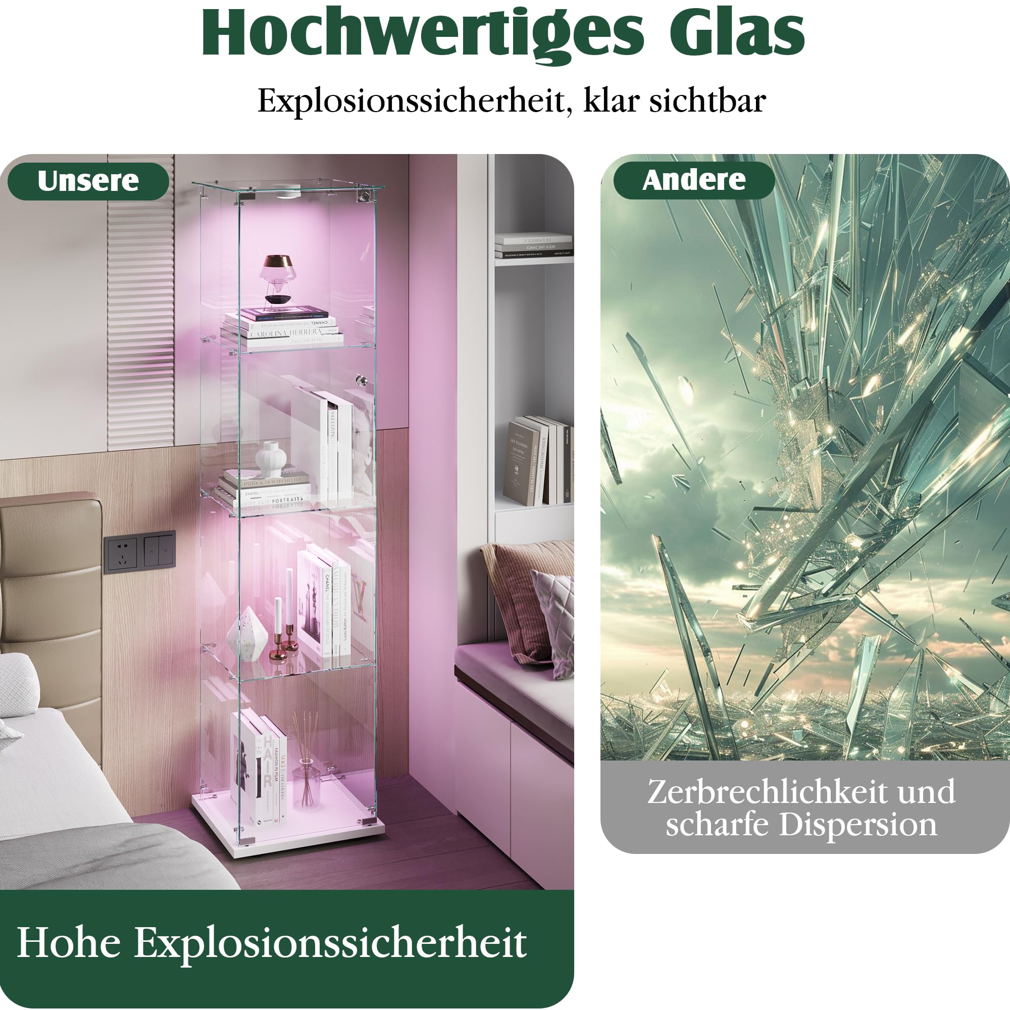 Vitrine aus Glas, 4 Schichten, Schrank mit Schloss, 163 x 35 x 39,8 cm, LED-Vitrine für Sammlung mit Möbel für Wohnzimmer