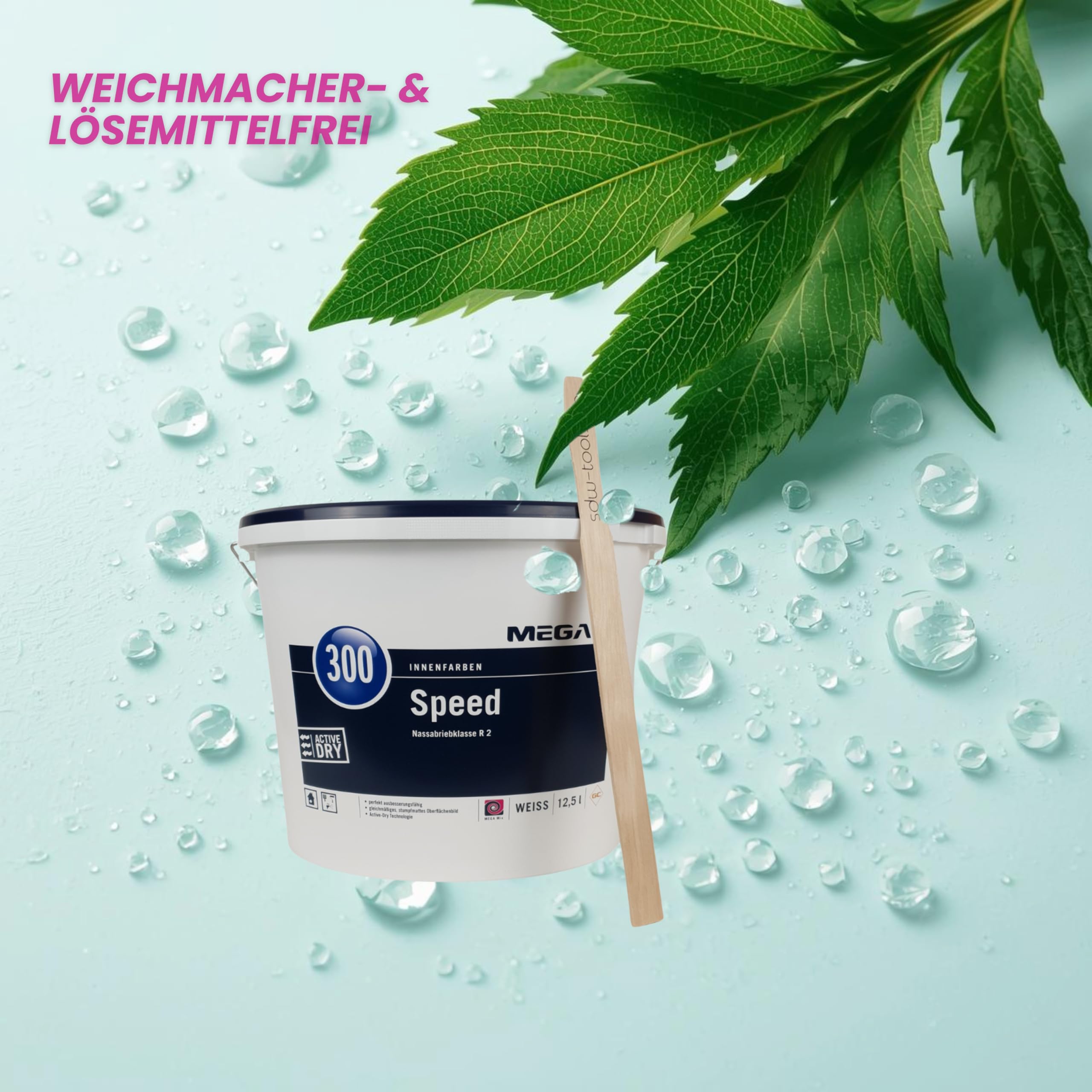 MEGA 300 Speed Wandfarbe Weiß 12,5L inkl. sdw-tools-Rührholz - Innenfarbe | Deckkraftklasse 1 | Scheuerbeständig | Profi-Wandfarbe für streifenfreie Wände & Decken | Weichmacher- & Lösemittelfrei