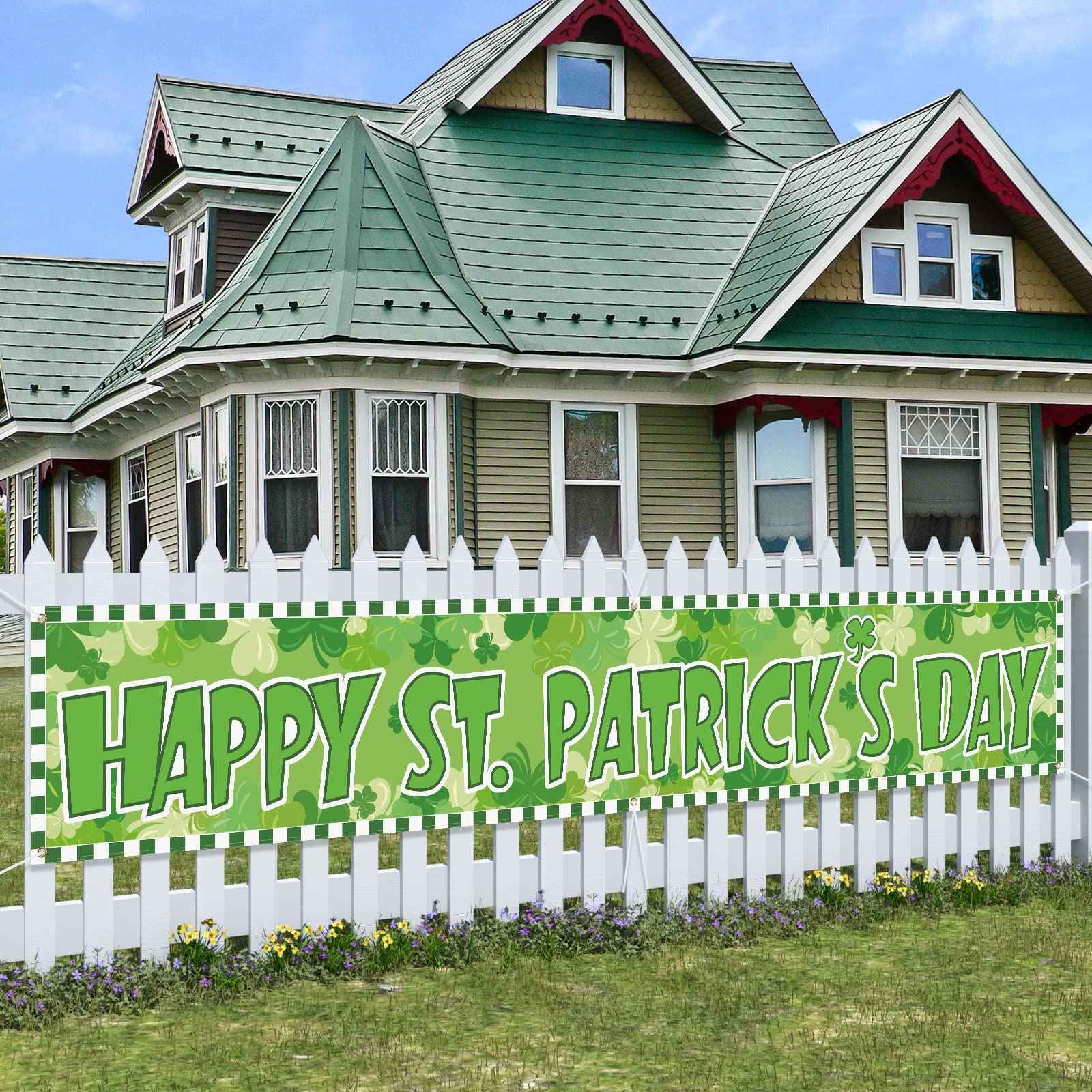 Happy St. Patrick's Day Banner Large St Patricks Decorations Shamrock Clover Sign Irish Party Hanging Supplies Decor Lucky Holiday with Brass Grommets for Home,Outdoor,Indoor,Yard,Garden