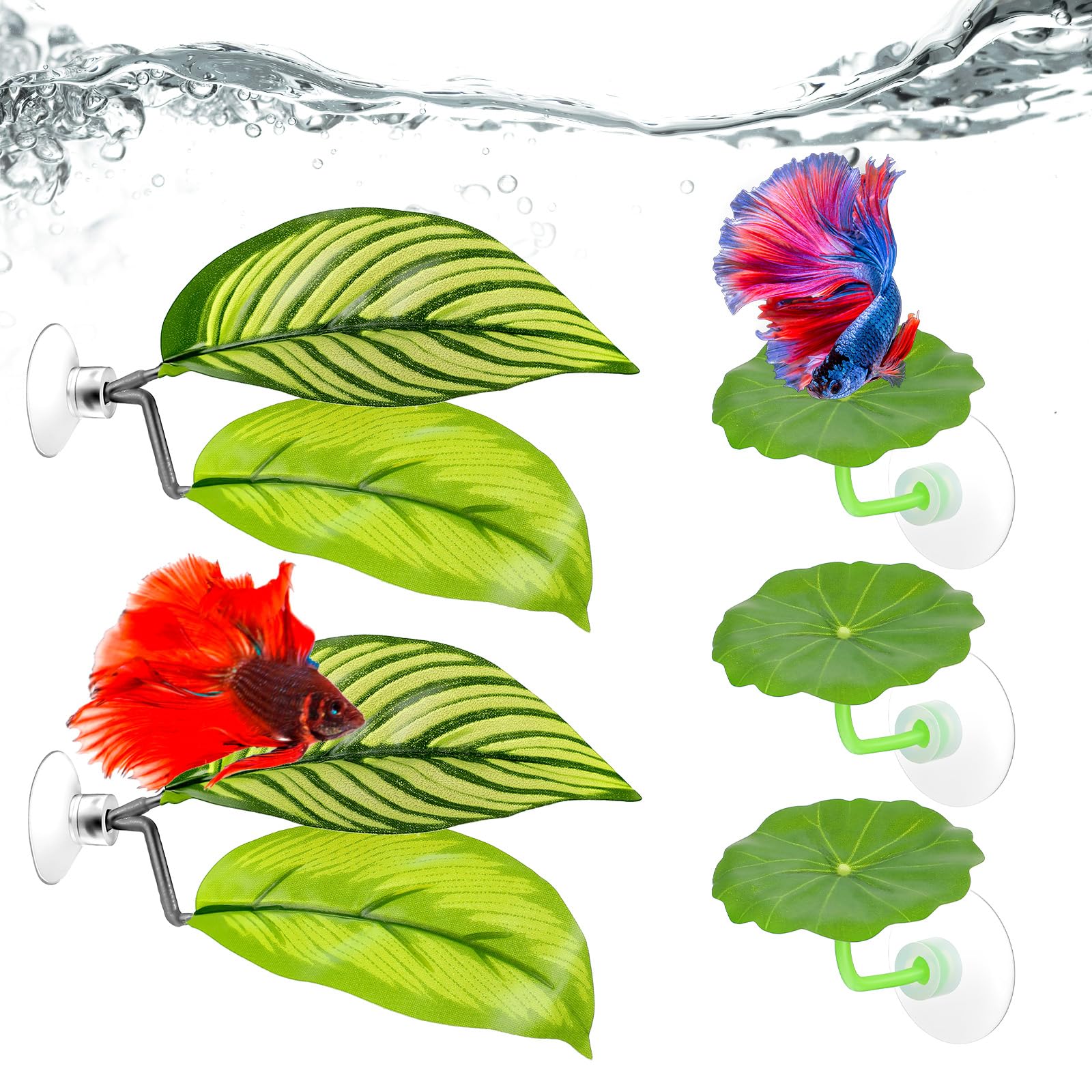 5pcs Betta Fish Accessories Tank Decorations Leaf Hammock Toys Set Soft Aquarium Decor Plastic Plants That Won’T Damage Fishtail Aquarium Hideout With Spare Suction Cups for Shrimp Smallfish (Green)
